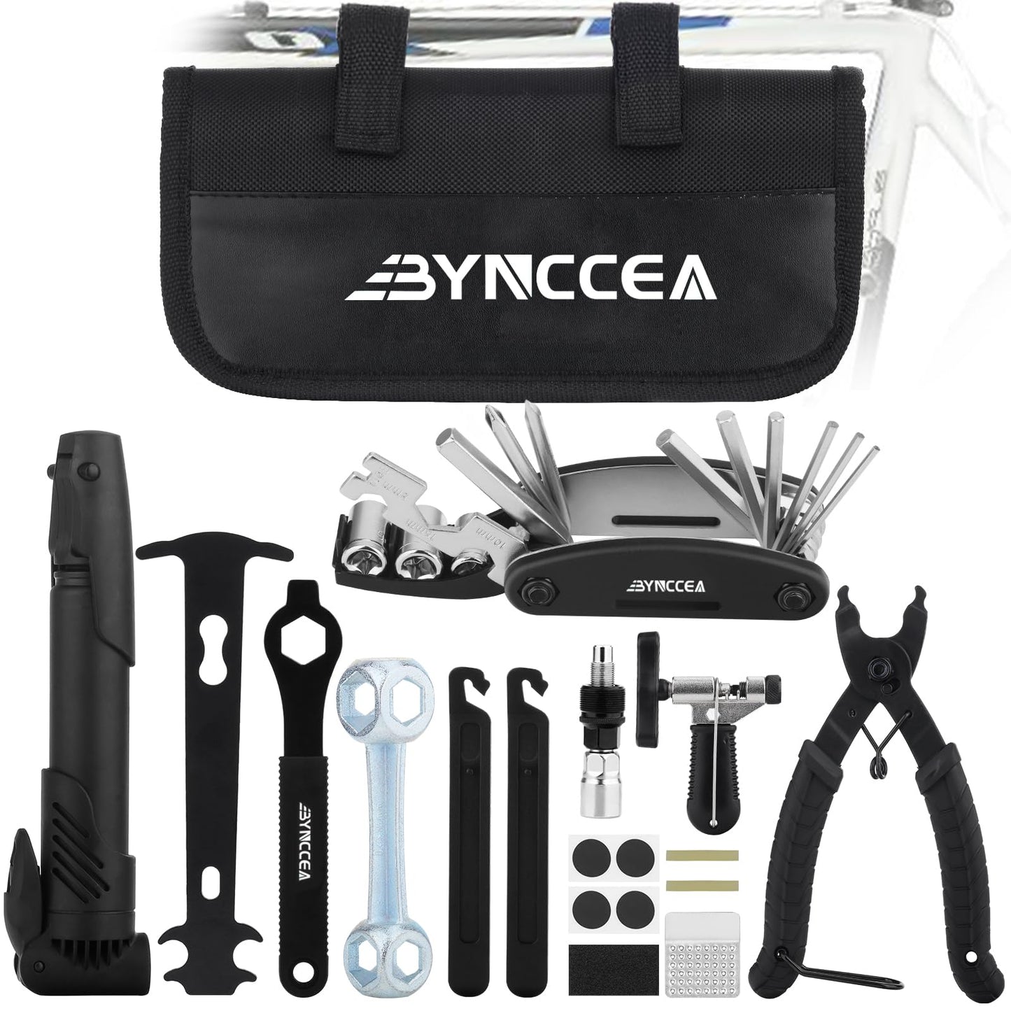 Bynccea - Kit de herramientas de reparación de neumáticos de bicicleta con bomba de neumáticos, bolsa de reparación portátil de bicicleta, herramientas de reparación de parches de palanca de