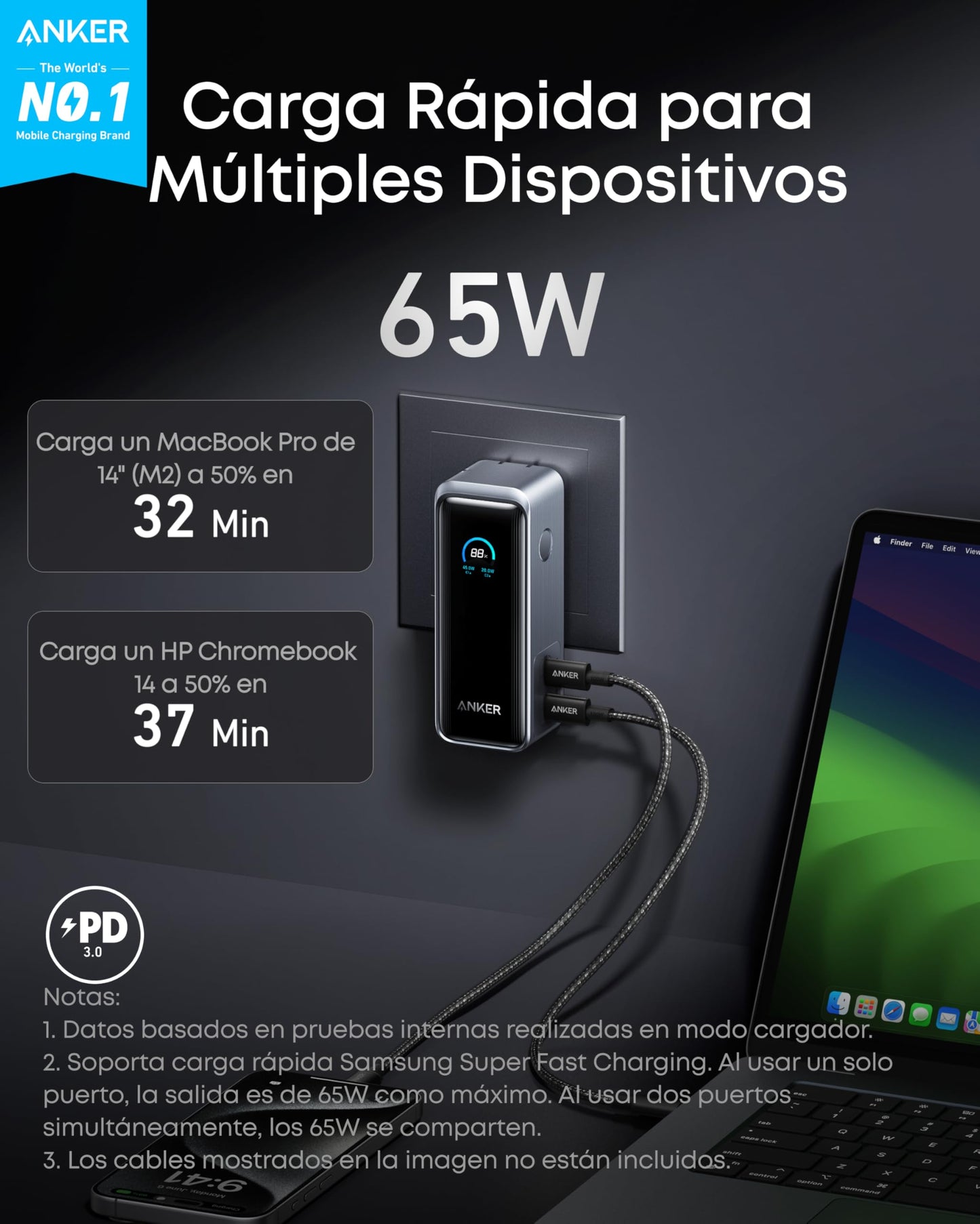 Batería Portátil Anker 9600 mAh Enchufe Plegable Salida 65W para MacBook Pro y iPhone 15