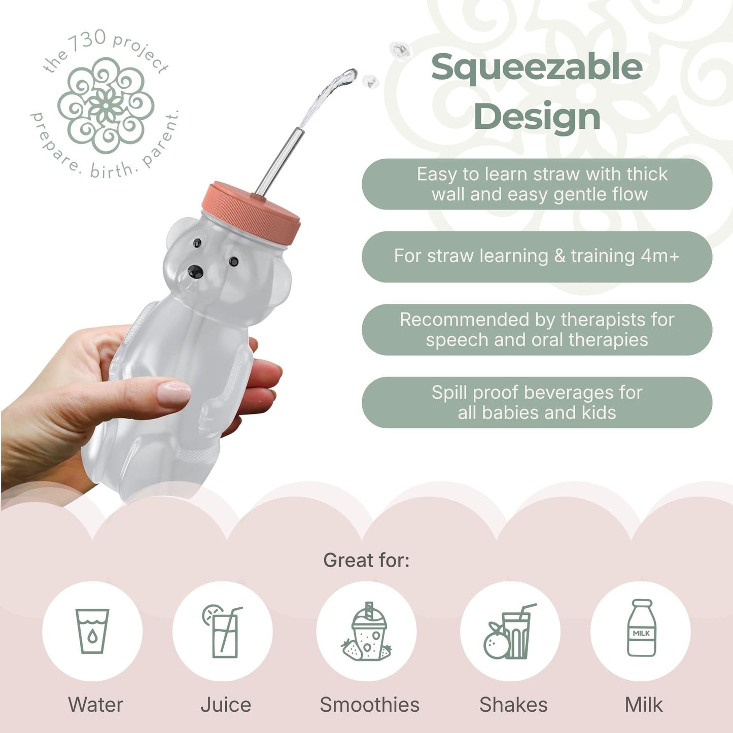 The 730 Project Honey Bear - Taza de paja para bebés, 8 onzas con cepillo para polvo para botella, paquete de 2 tapas mejoradas, terapia de aprendizaje de oso de miel para pastel de arándanos y