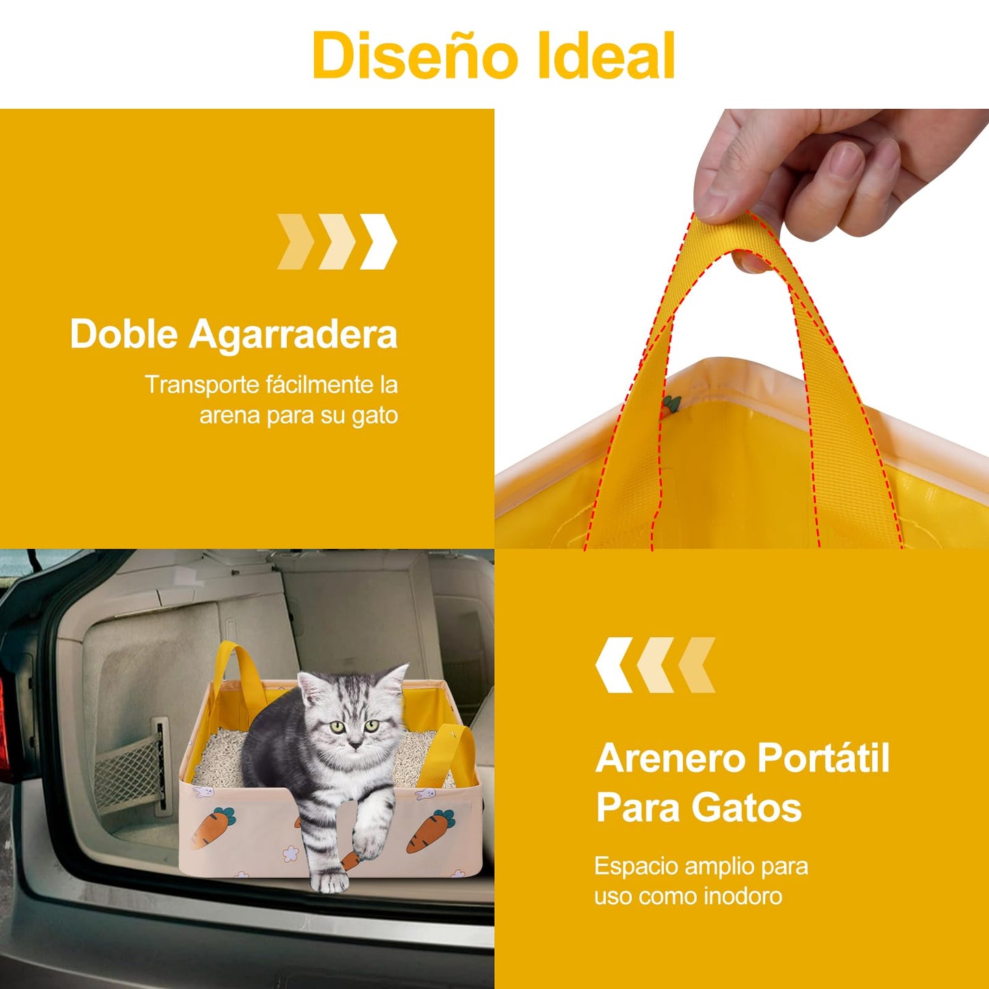 LESUCCI Caja de Arena para Gatos Portátil, Caja de Arena Plegable para Gatos con Asa Estándar para Viajes, Sin Fugas, Impermeable, Ideal para Gatos Medianos Y Pequeños, Fácil de Limpiar (Amarillo)