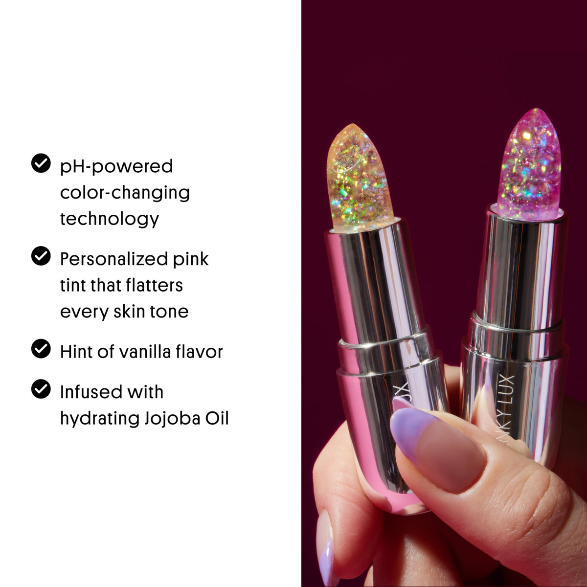 Winky Lux- Bálsamo labial Glitter Confetti, lápiz labial que cambia de color con el pH, bálsamo labial vegano y libre de crueldad animal, hidrata y da volumen, S