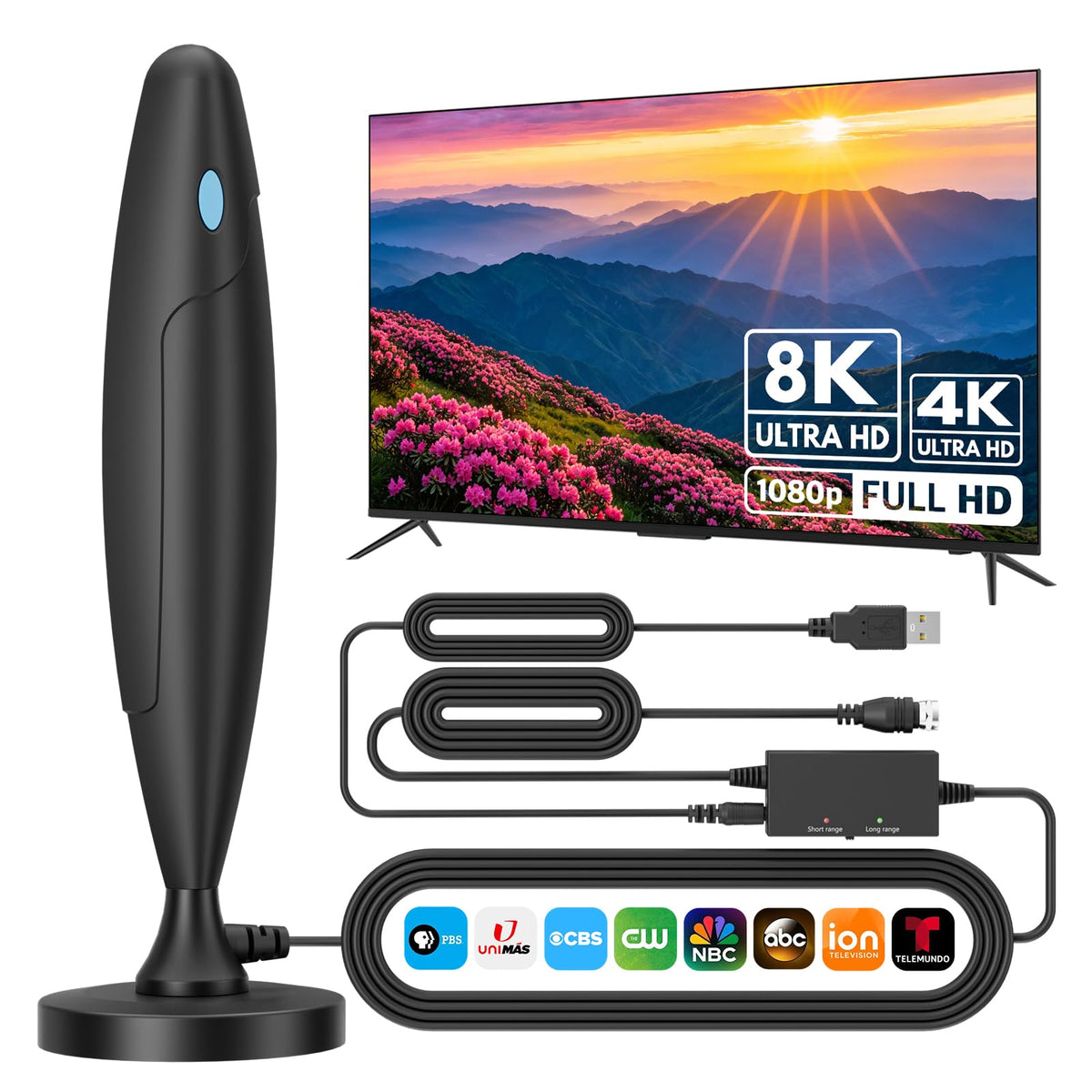 Antena Digital de TV para Smart TV con Recepción de Largo Alcance y Protección contra Sobretensiones y Rayos en Negro