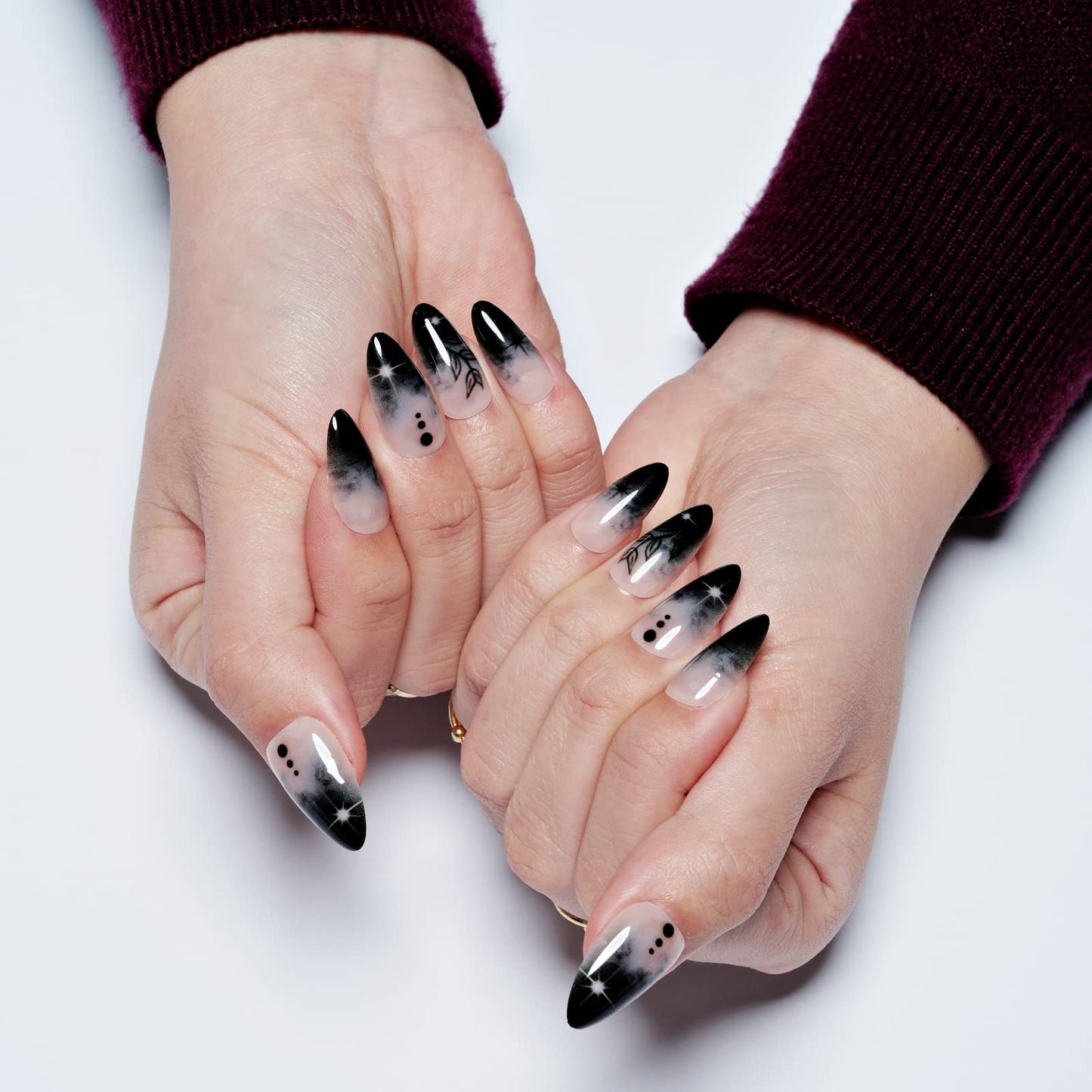 GLAMERMAID Presione En Las Uñas Medio Almendra, Halloween Gótico Negro Ombre Francés Punta Pegamento En Uñas de Gel, 24 Piezas Corto Stiletto Acrílico Uñas Postizas Kits Reutilizables Cubierta Complet