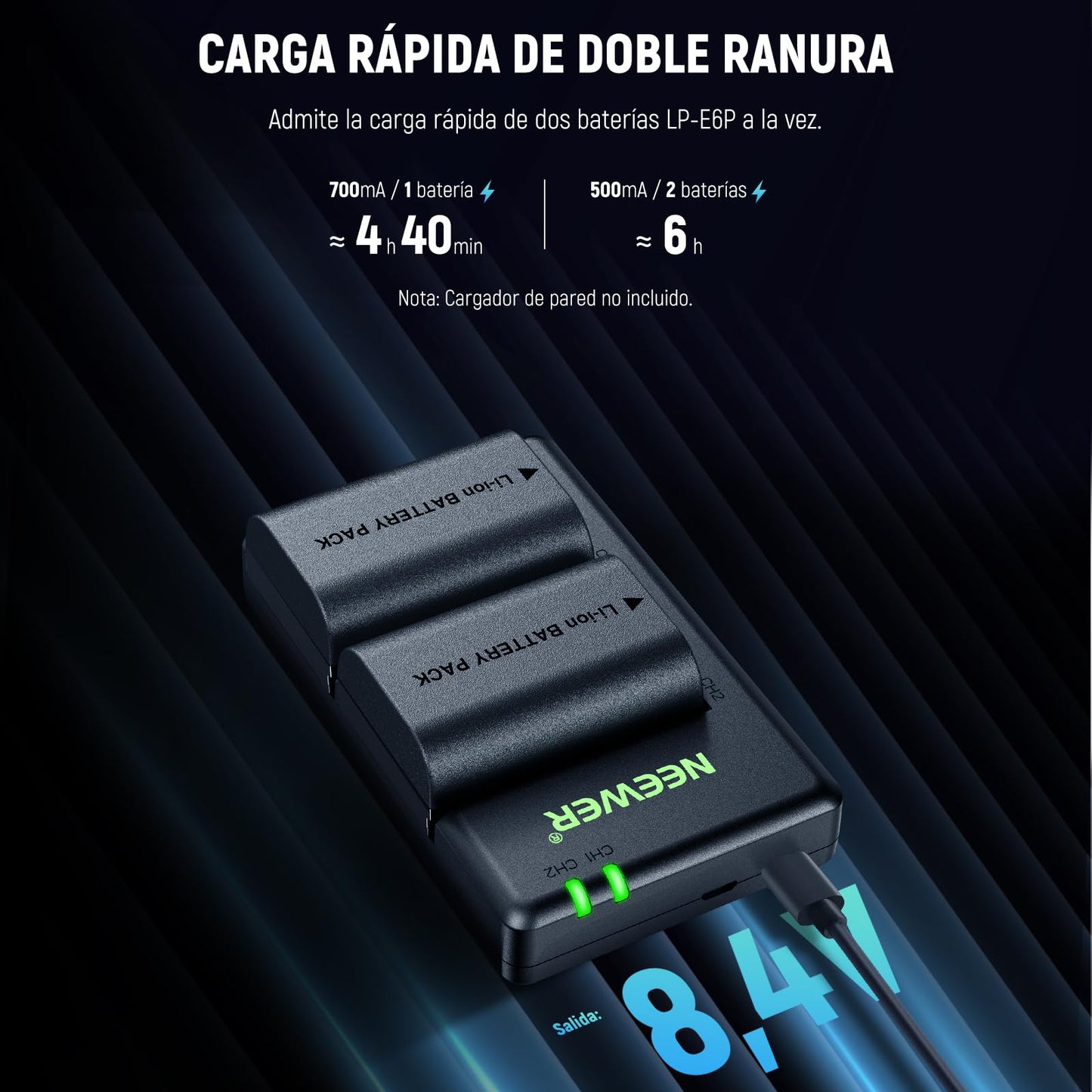 Paquete de 2 Baterías de Repuesto NEEWER LP-E6P/LP-E6NH/LP-E6N/LP-E6 Compatible con Canon EOS R5 R6 R7 5D II III IV 6D II y Cargador Dual USB