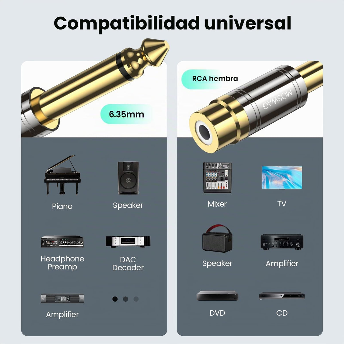 Adaptadores RCA a 1/4 Pulgadas MOSWAG Dorado Serie de Calidad Paquete de 4 Unidades