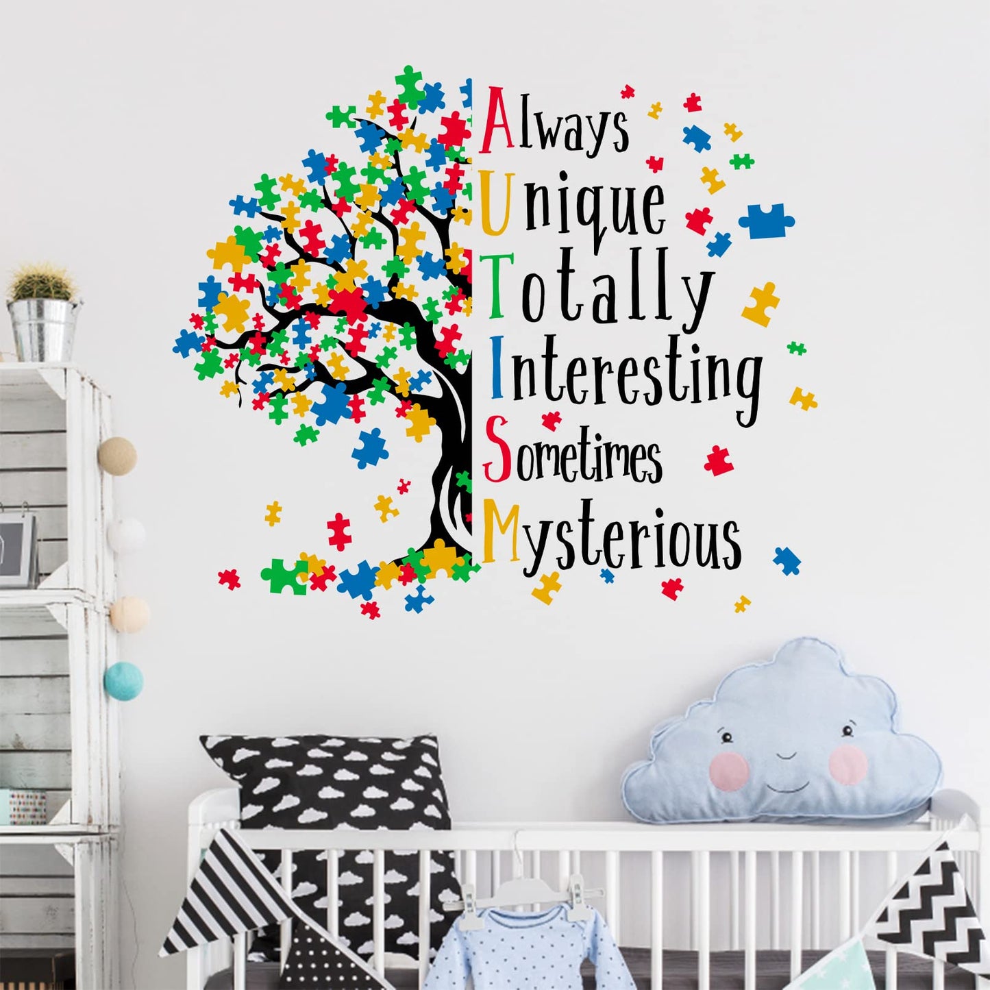 Mfault - Calcomanía de pared inspiradora para el día de la conciencia del autismo, diseño de árbol de rompecabezas positivo, decoración de habitación de bebé, recámara de bebé, espectro autista