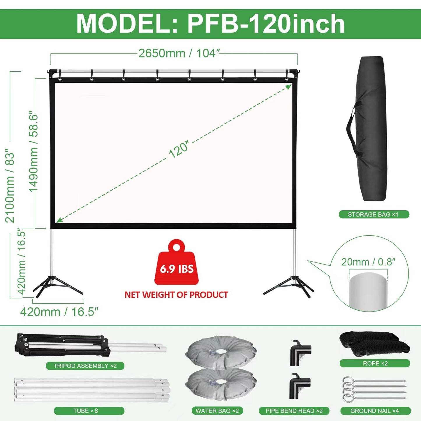 KdWiHVv - visualización de proyector portátil de 120 Pulgadas para Interiores y Exteriores, visualización de proyector 16:9 HD 4K sin Arrugas, visualización de película Ligera con Bolsa de Transporte