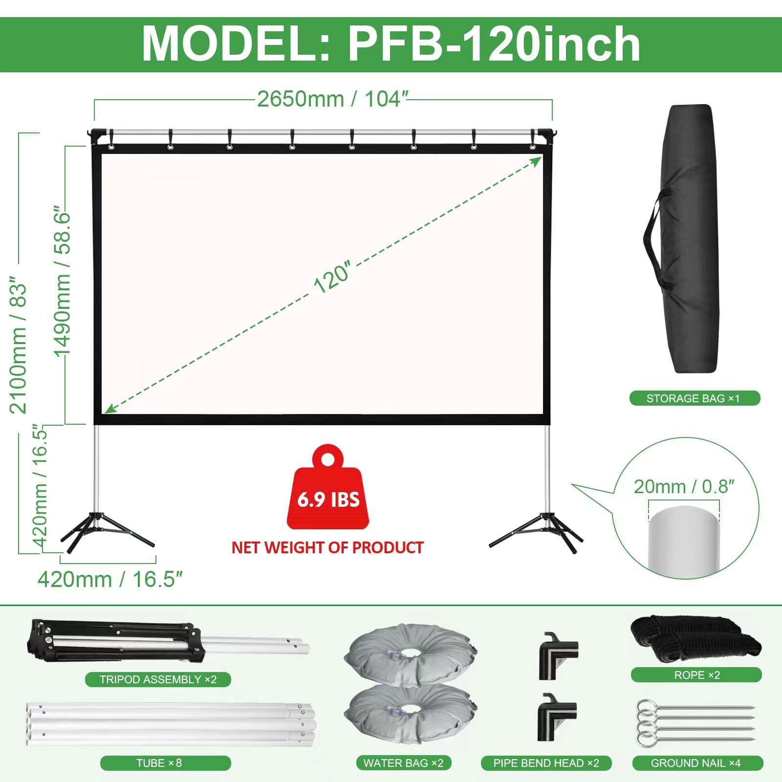 KdWiHVv - visualización de proyector portátil de 120 Pulgadas para Interiores y Exteriores, visualización de proyector 16:9 HD 4K sin Arrugas, visualización de película Ligera con Bolsa de Transporte