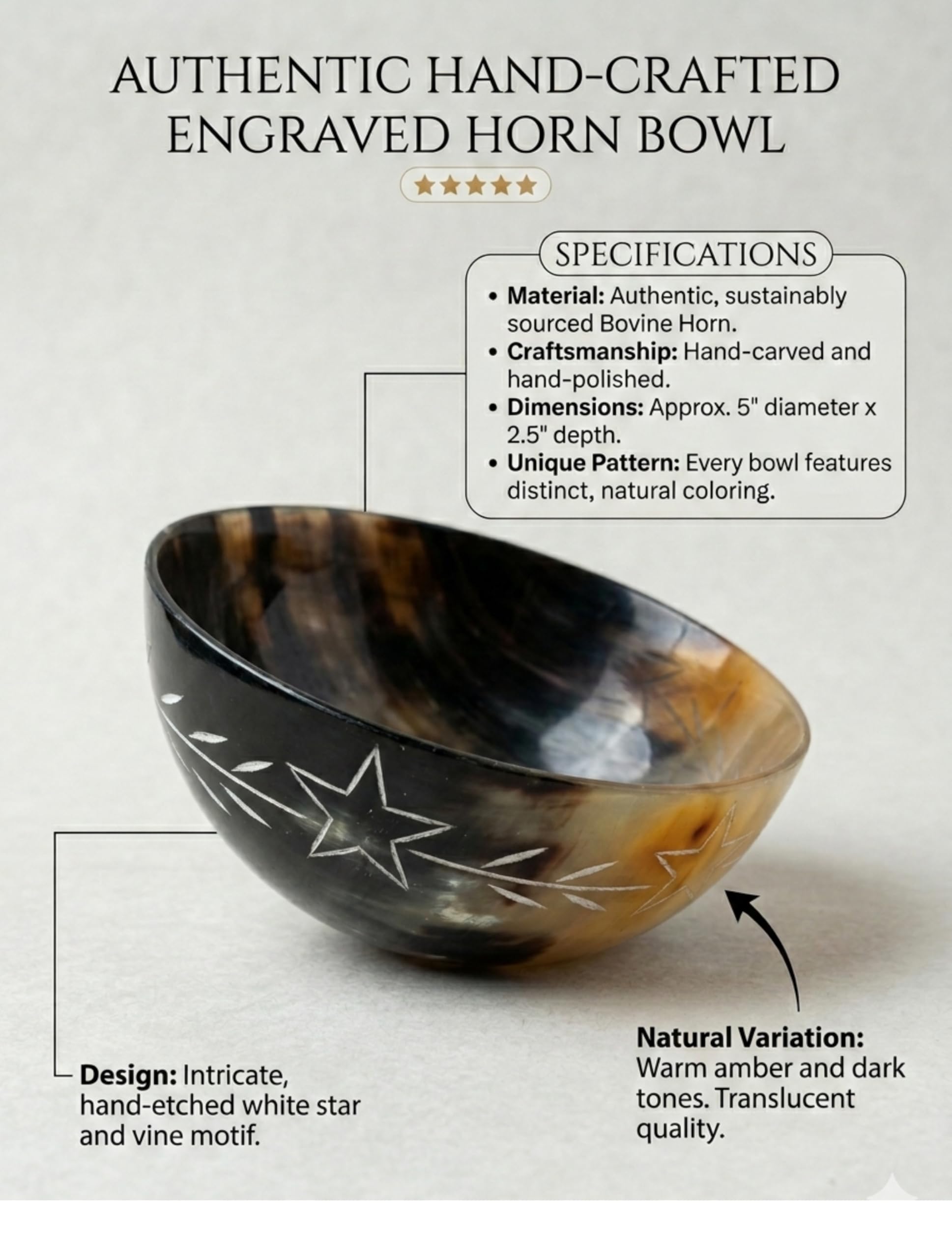 AYZCORP - tazón de cuerno natural tallado a mano, diseño de estrellas blancas, tazón vikingo nórdico medieval, tazón de cuernos, hecho a mano para servir y afeitar, regalo para madre, padre y marido