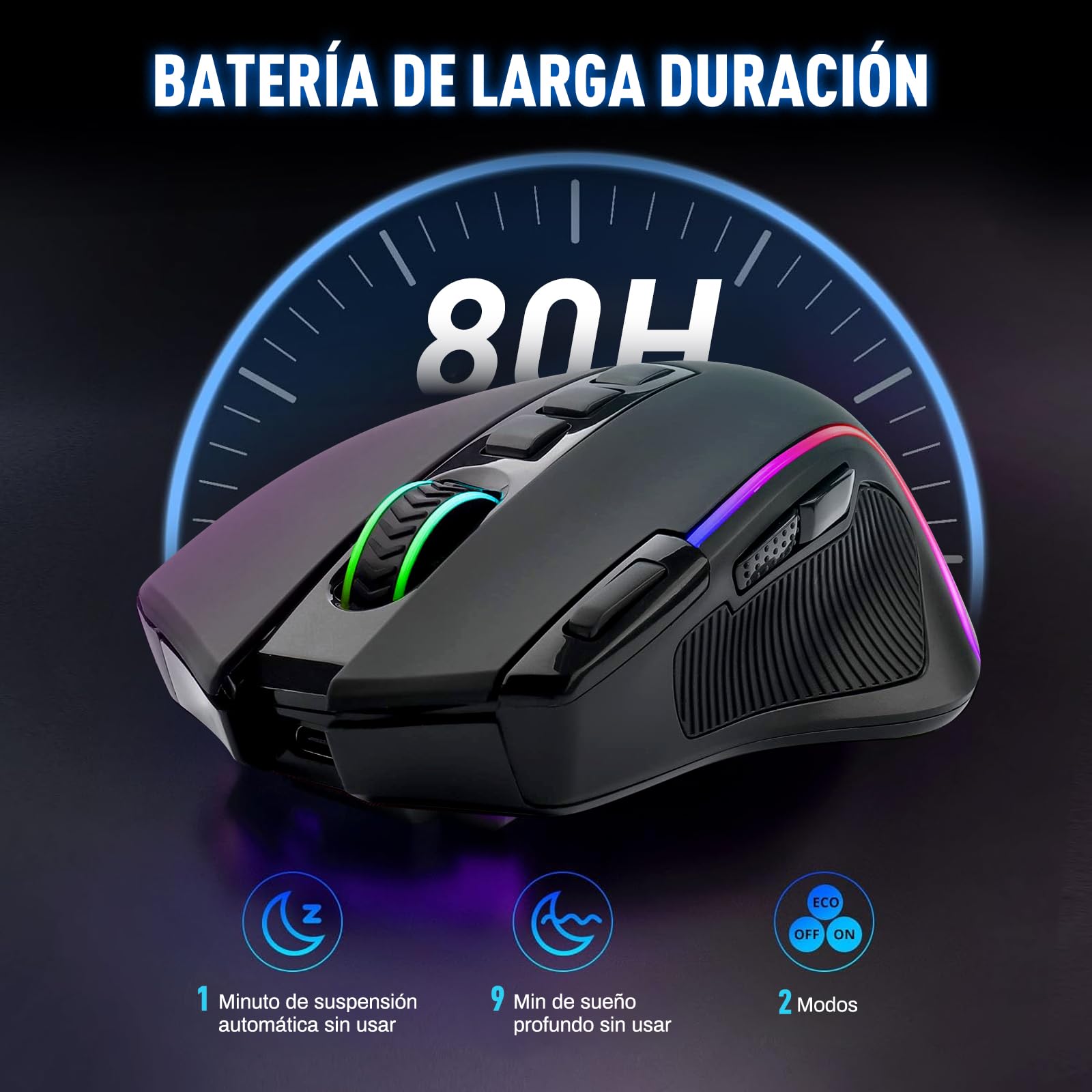 Mouse Gaming TERPORT S500 Inalámbrico Óptico RGB con 9 Botones Programables y 8000 DPI