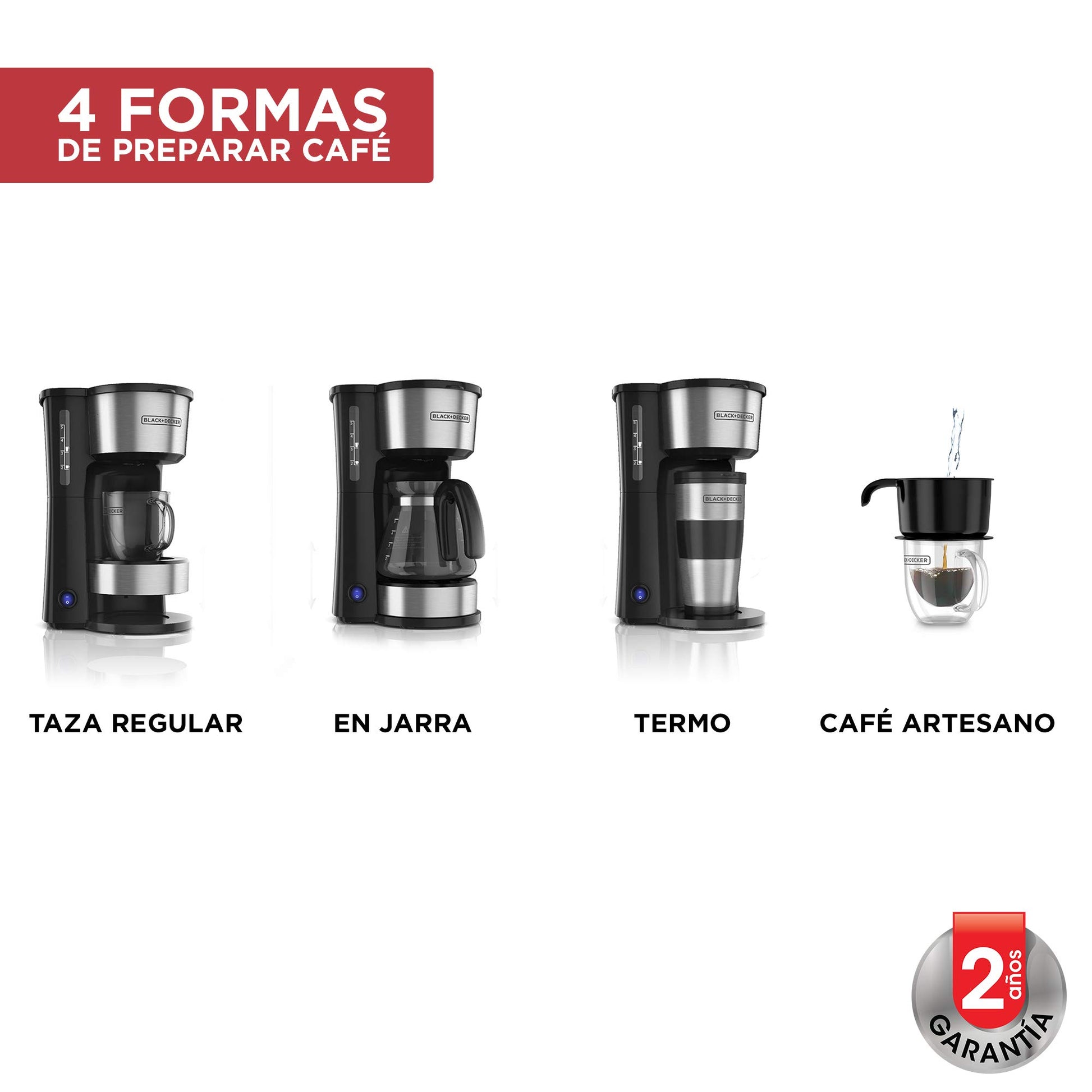 BLACK+DECKER Cafetera 4 en 1, con Vaso Personal y Filtro Permanente con Jarra de Vidrio, 5 Tazas, CM0755S-MX