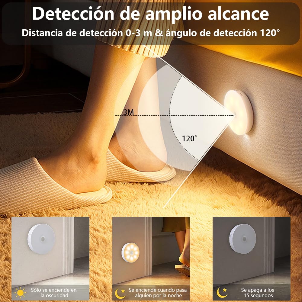KIWOP 2 Colores Luz Led con Sensor de Movimiento, 6 PCS Led Luz Nocturna Recargable Usb, Luz Blanca 6000k & Luz Cálida 3000k, Diseño Magnético, 4 Modos Iluminación, 10 Horas Iluminación Continua.