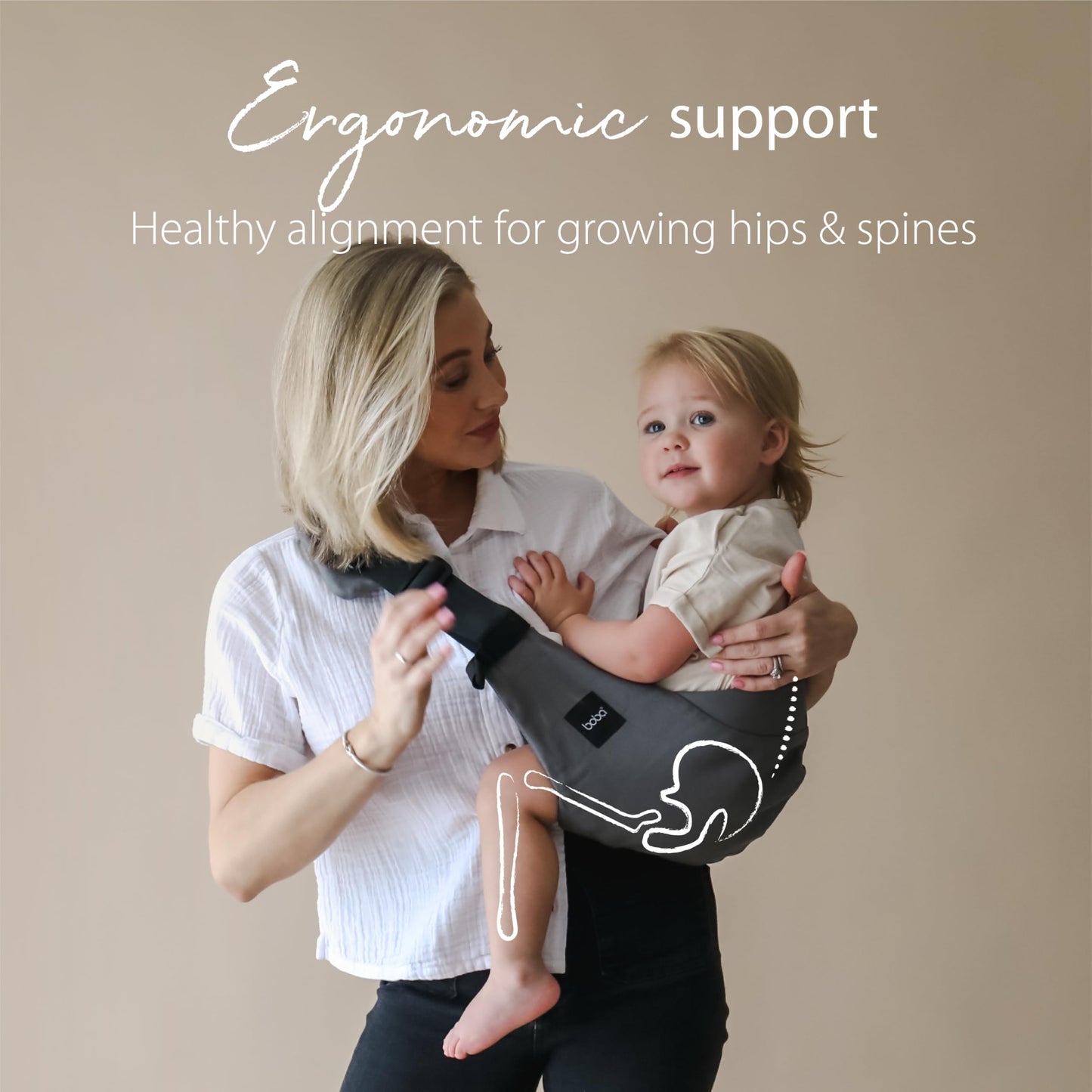 Boba Buddy - Sling portabebés 100% algodón, ergonómico con correas ajustables, hebilla de seguridad y asiento espacioso, incluye bolsa de transporte a juego (9-48 meses/18-44 libras) - Gris