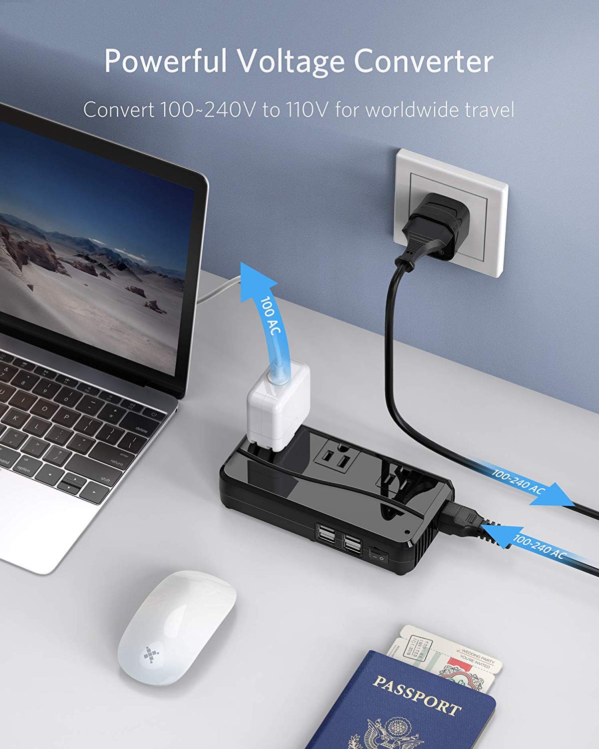 BESTEK - Adaptador universal de viaje de 100 a 220 V a 110 V, convertidor de voltaje de 250 W con carga USB de 6 A, 4 puertos, 3 enchufes de CA y adaptador de enchufe EU/UK/AU/US/India en todo el