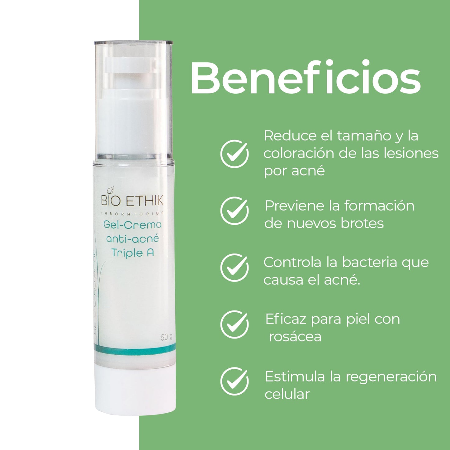 Bio Ethik Gel Crema Anti Acne Triple A para Pieles Sensible 50gr| Controla y Desinflama Granos y Puntos Negros