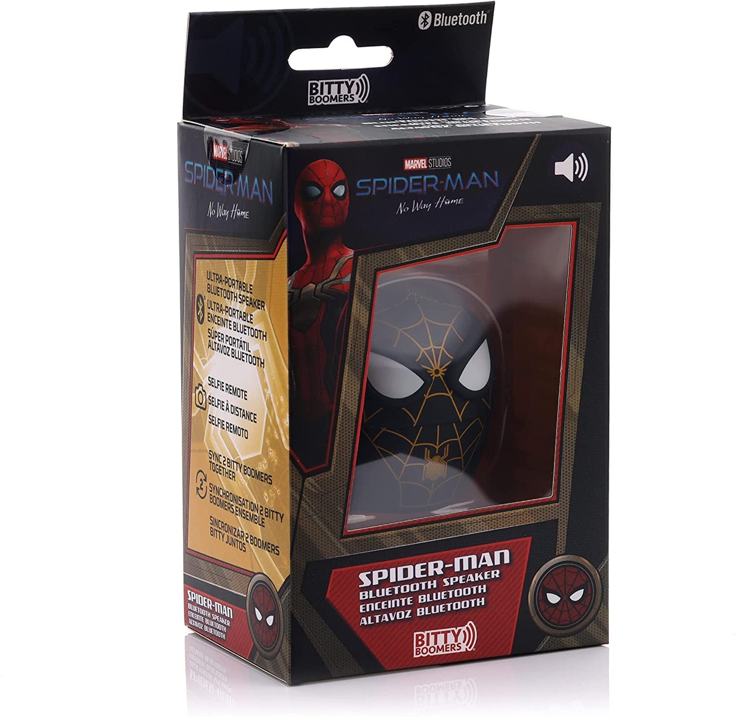 Bitty Boomers Marvel: No Way Home Spider-Man - Traje Negro y Dorado - Mini Altavoz Bluetooth
