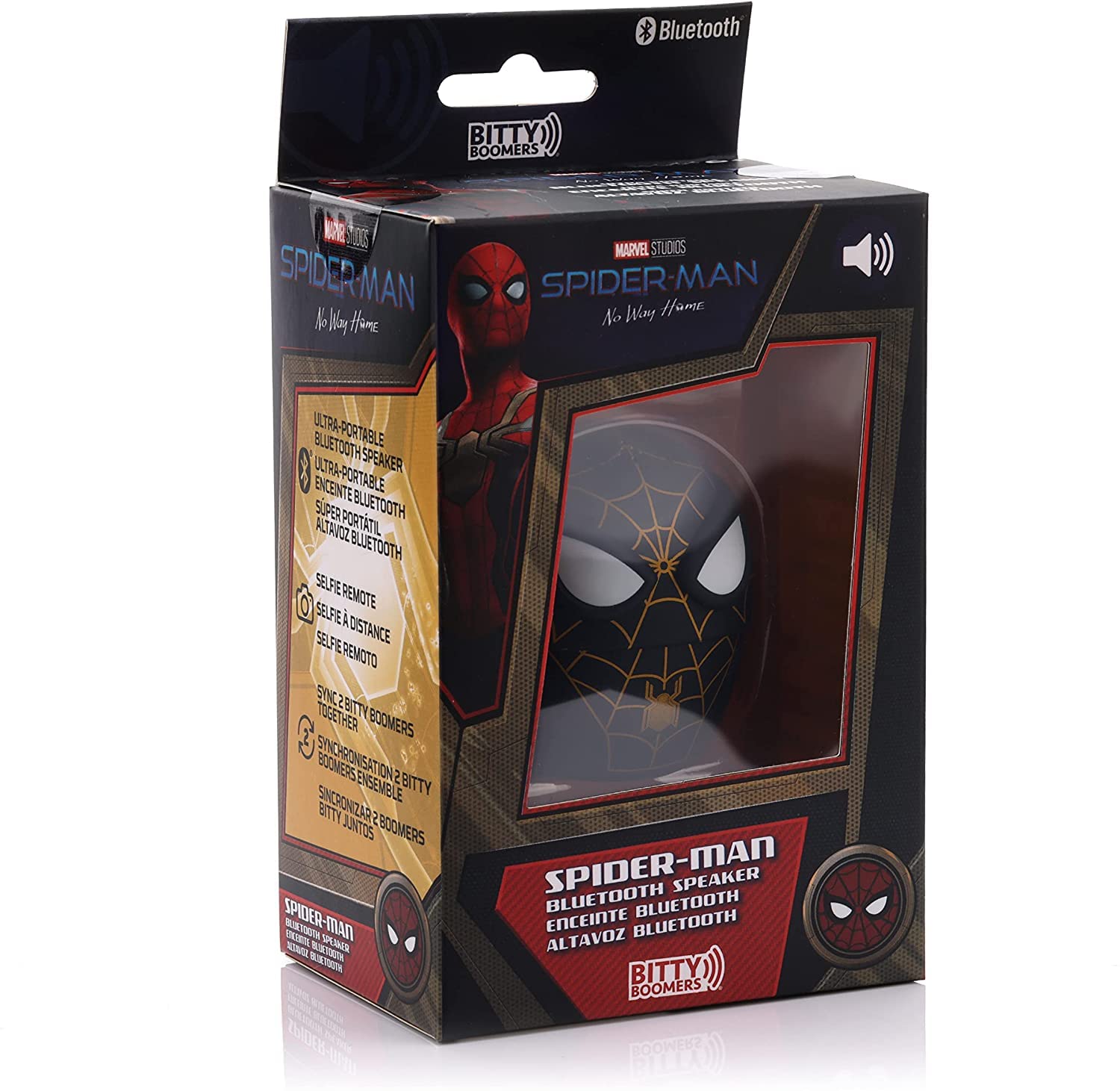 Bitty Boomers Marvel: No Way Home Spider-Man - Traje Negro y Dorado - Mini Altavoz Bluetooth