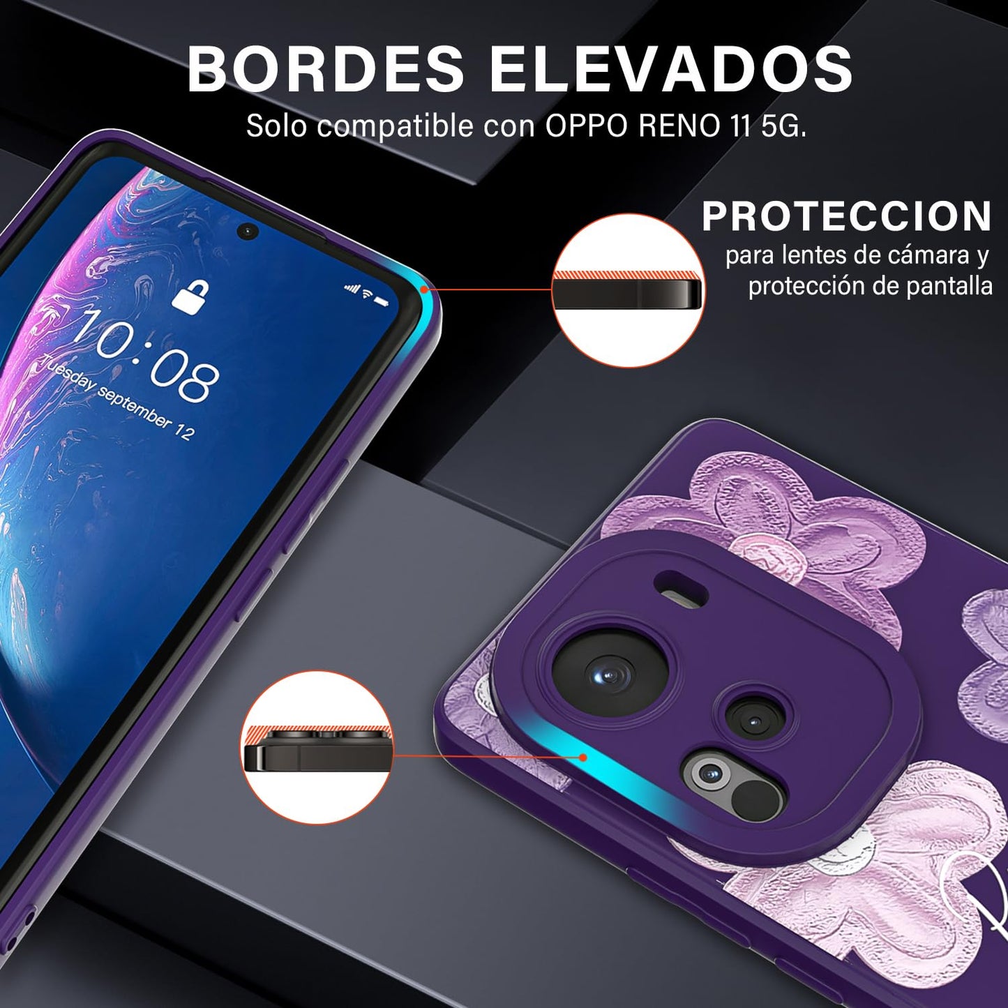 Threehao Funda para OPPO Reno 11 Case Uso Rudo, Ultra Delgado Flexible Púrpura Suave TPU Silicona Carcasa con Moda Aesthetic Dibujos Flores, Antigolpes Anti-arañazos Protectora