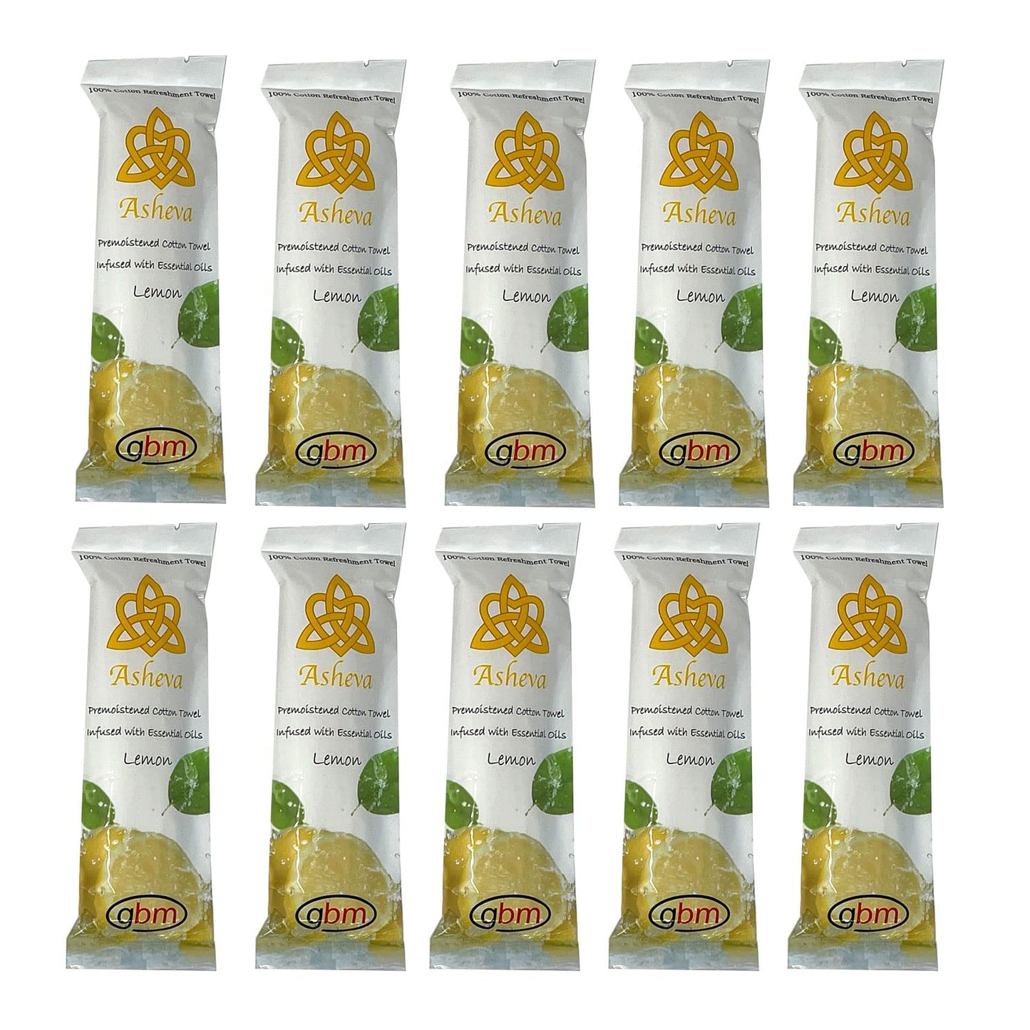 GBM Asheva - Toalla refrescante de algodón húmedo envuelta individualmente de 8 x 9 pulgadas (limón, 10 unidades)