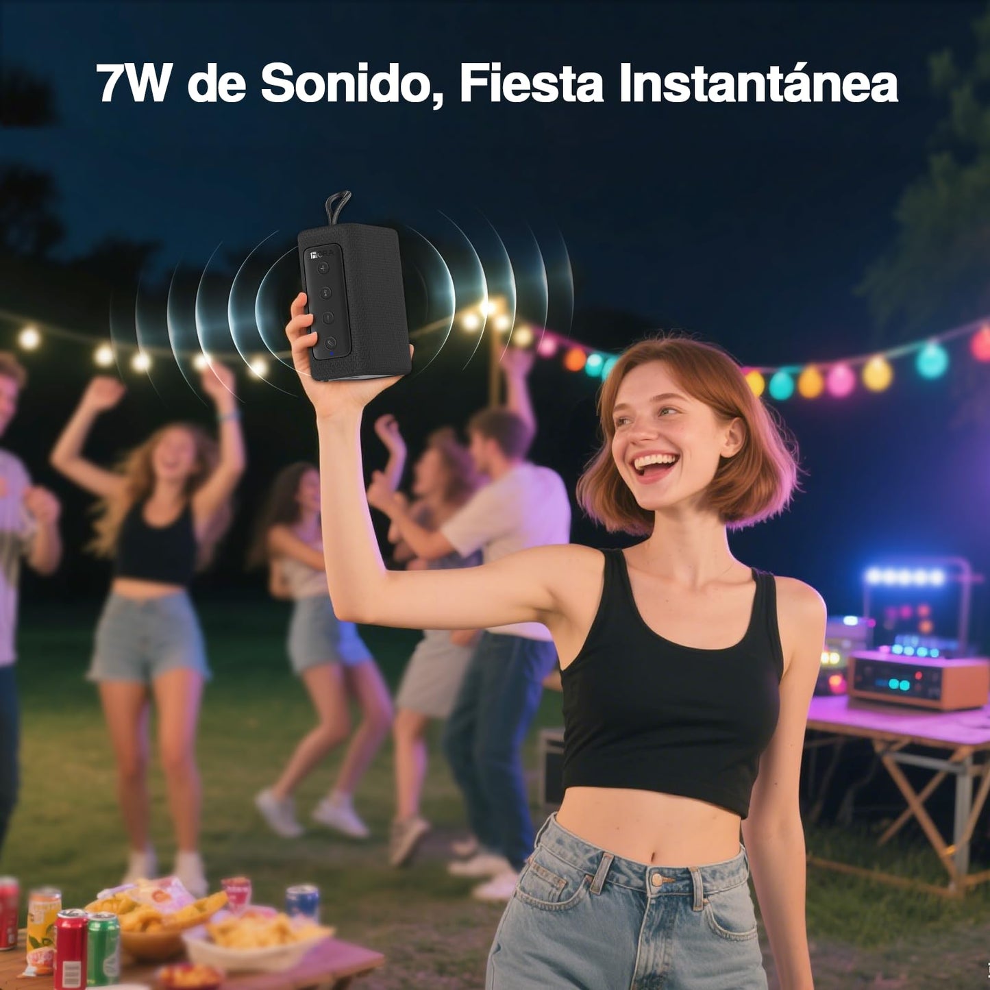 Bocina Bluetooth 7W 1 Hora Negro Sonido Estéreo TWS Ultraligera para Exteriores y Viajes