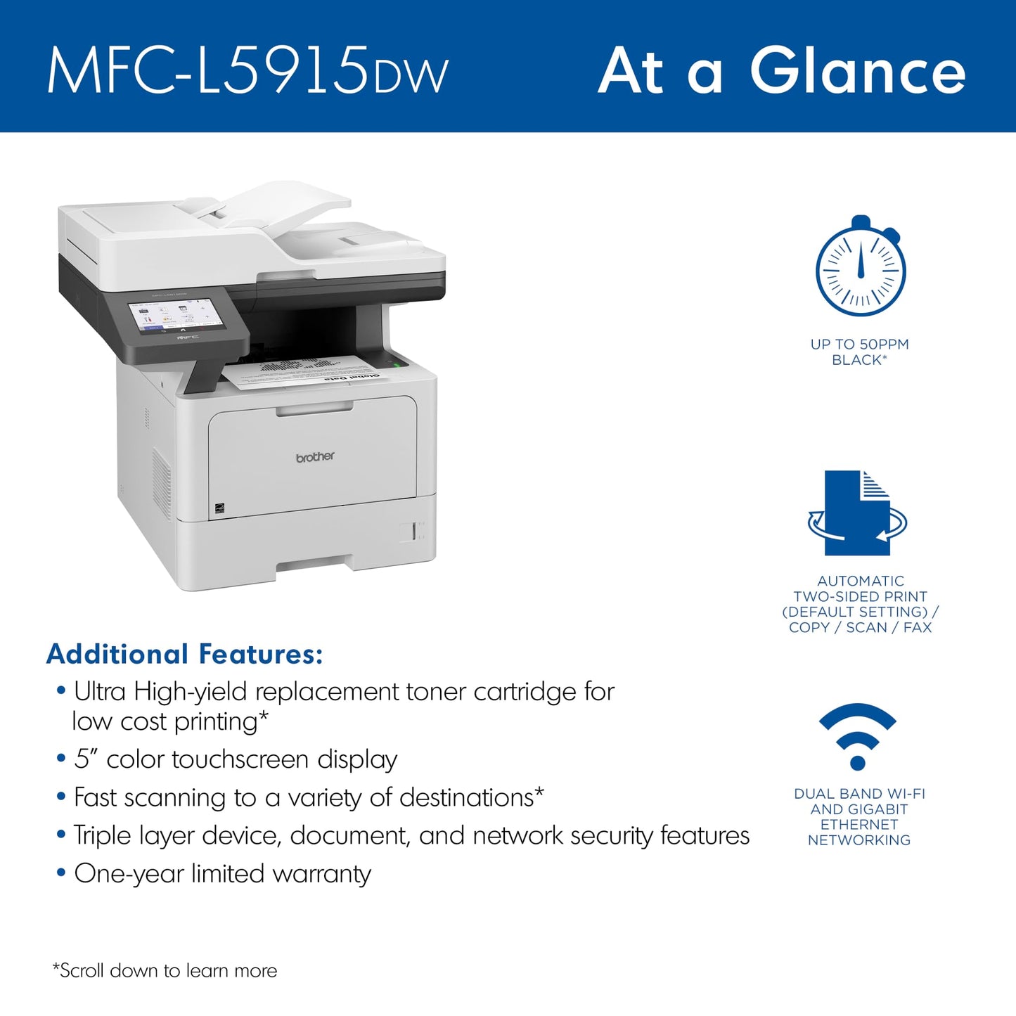 Brother MFC-L5915DW Impresora láser monocromática empresarial Todo en uno con impresión de bajo Costo y Red inalámbrica