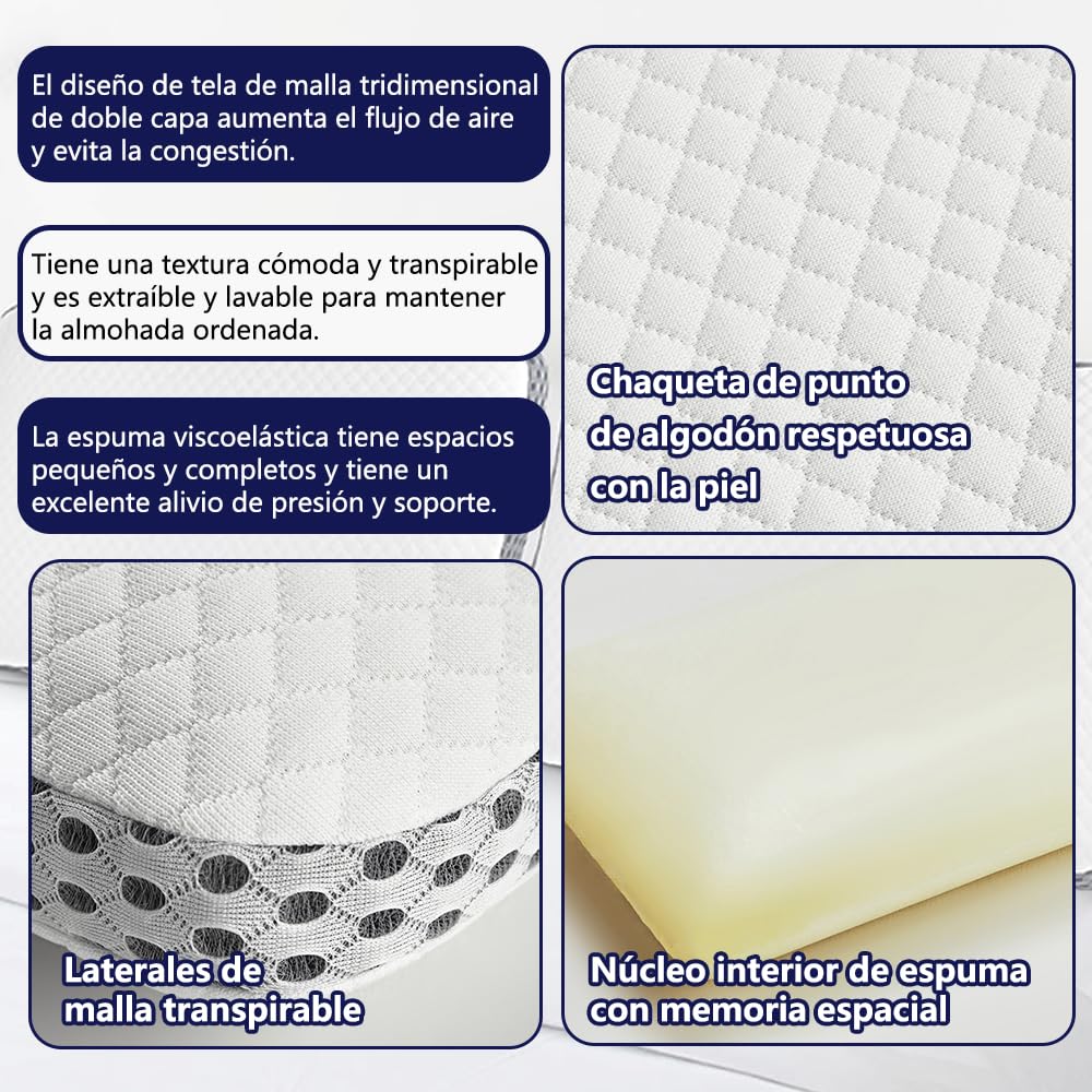 Almohadas Memory Foam con Memoria Ergonómica - 2 Piezas Antiácaros E Hipoalergénico, Microfibras, Memory Foam Pillow Individuales, Almohada Cervical para Dormir de Rebote Lento, Blanco (60x40x12)