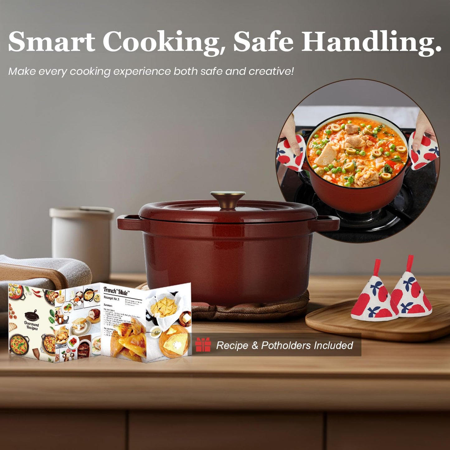 Overmont - Horno holandés de hierro fundido de 5.5 cuartos – Doble asas ensanchadas – Olla esmaltada con libro de cocina – Utensilios de cocina de esmalte resistente con agarraderas de algodón para