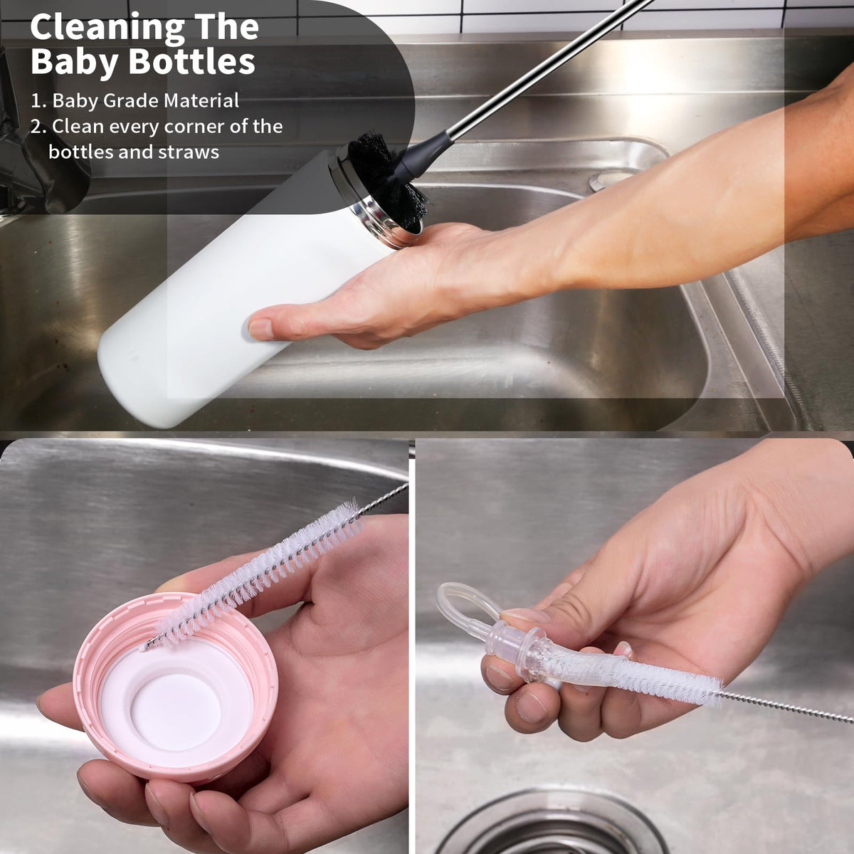 Cepillo para botella de agua con limpiador de pajilla, mango de acero inoxidable de 15 pulgadas, cepillo limpiador para biberones, cepillos de limpieza para cocina para tazas, copas de vino, tazas de