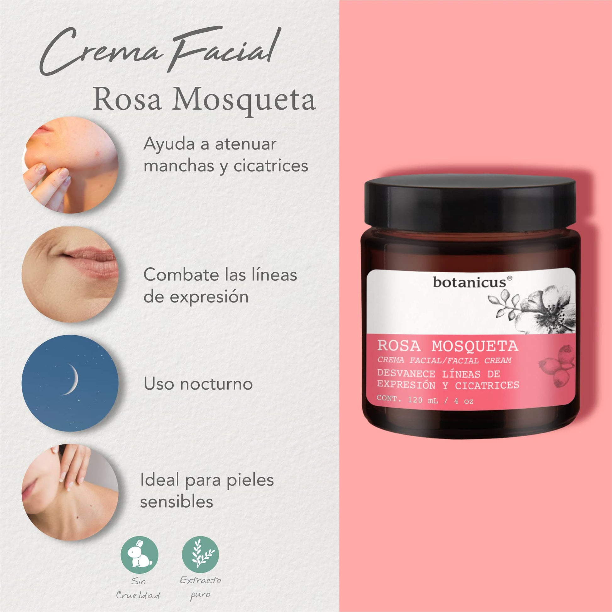 Crema Facial Hidratante Rosa Mosqueta 120 ml - BOTANICUS- Antiarrugas, Antiedad, Aclarante facial, Antimanchas Desvanece líneas de expresión y cicatrices- Para pieles maduras y pieles sensibles.