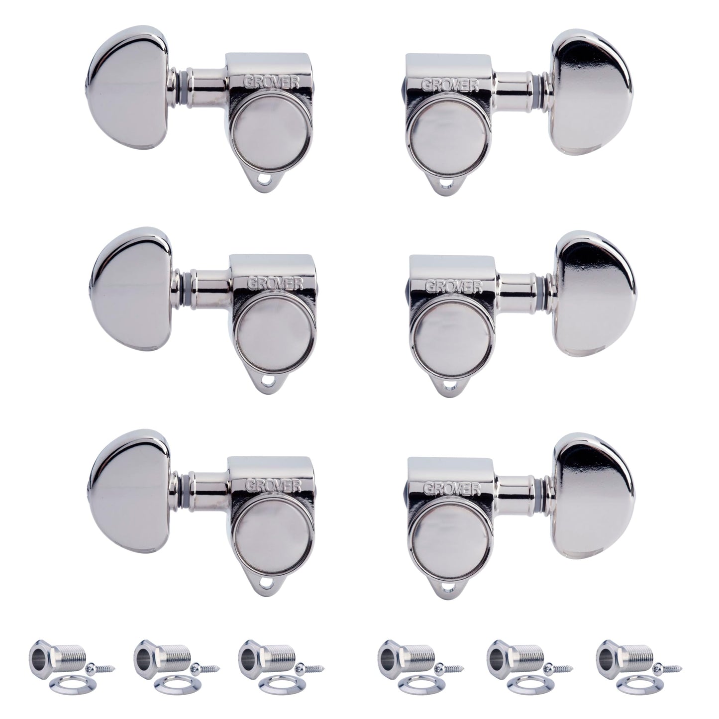 Grover 102-18C ROTOMATICS - Juego de afinadores de guitarra 18:1 3+3 teclas cromadas estilo Sperzel con tonebird Dunlop pulimento, paquete de tela para riñón, botón de afinación fina para acústica o