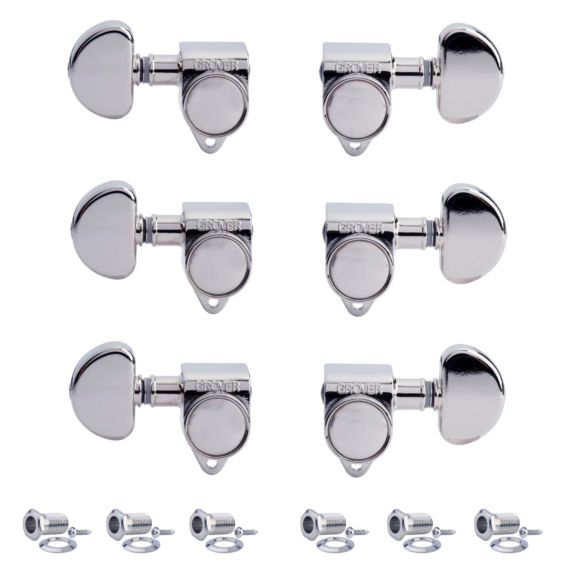 Grover 102-18C ROTOMATICS - Juego de afinadores de guitarra 18:1 3+3 teclas cromadas estilo Sperzel con tonebird Dunlop pulimento, paquete de tela para riñón, botón de afinación fina para acústica o