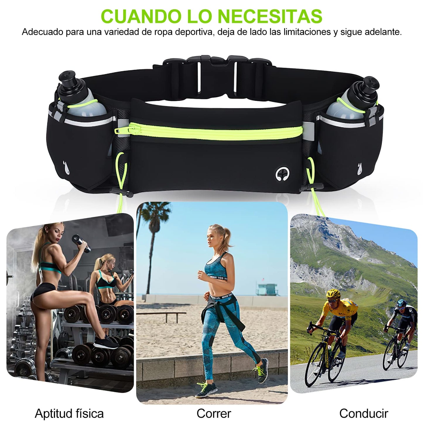 Cangurera Deportiva HONGHCL Verde con 2 Botellas de Agua y Cinturón Regulable para Correr