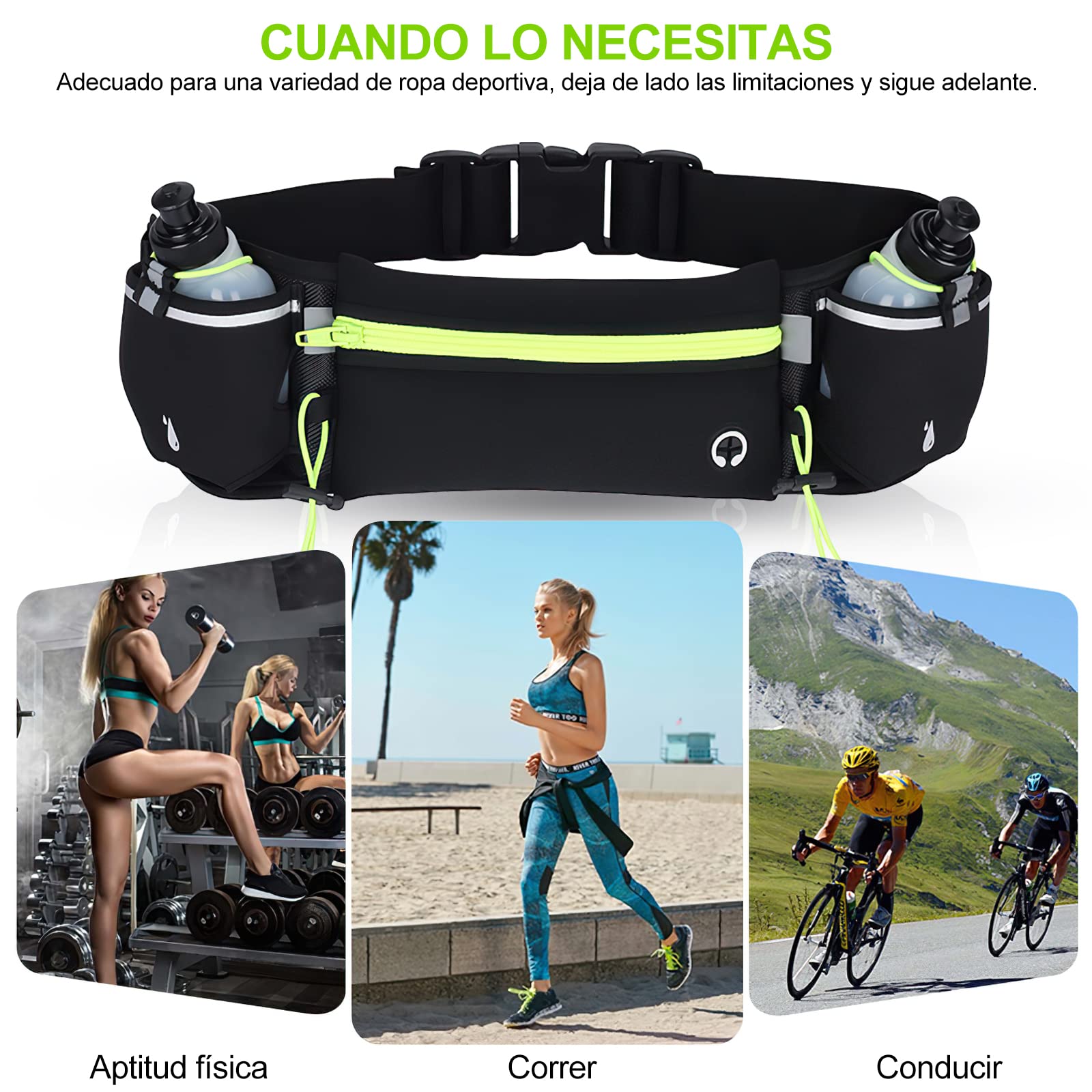 Cangurera Deportiva HONGHCL Verde con 2 Botellas de Agua y Cinturón Regulable para Correr