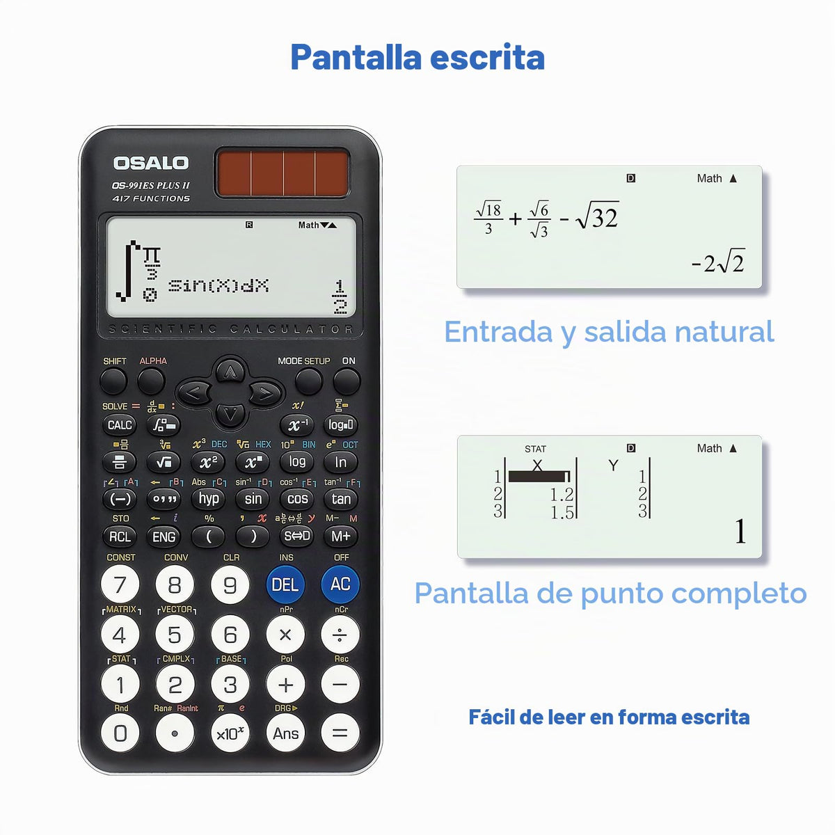 Calculadora Científica OSALO Negro 417 Funciones Pantalla de Escritura para Estudiantes