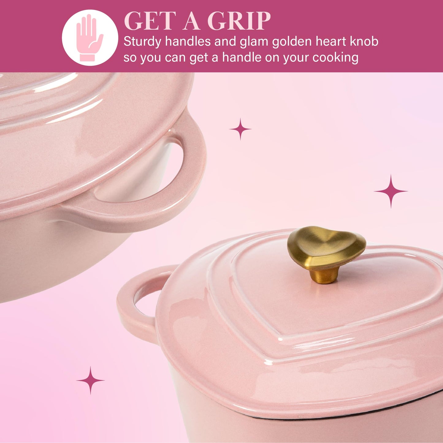 Paris Hilton Olla holandesa de hierro fundido esmaltado, en forma de corazón, con tapa, doble asa, compatible con todas las estufas, apta para horno hasta 260°C, 3.8 L, rosa
