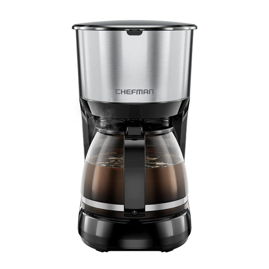Chefman Cafetera programable de 1L, cafetera eléctrica, olla antigoteo, filtro reutilizable para molidos frescos, acero inoxidable redondo, jarra de vidrio