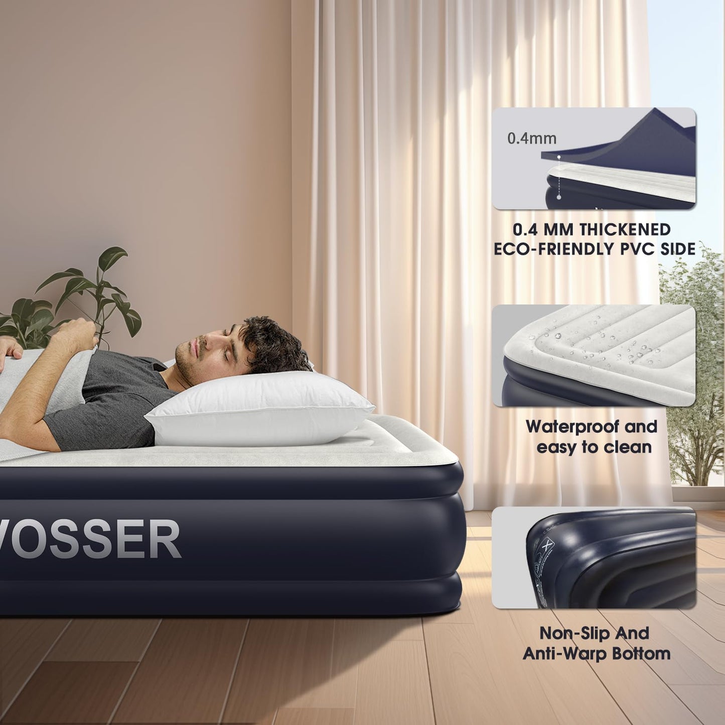 VOSSER - Colchón de aire individual XL con bomba incorporada, 80 pulgadas de largo, colchón inflable mejorado de 18 pulgadas, colchón hinchable auto inflable en 2 minutos, colchón de aire de tamaño