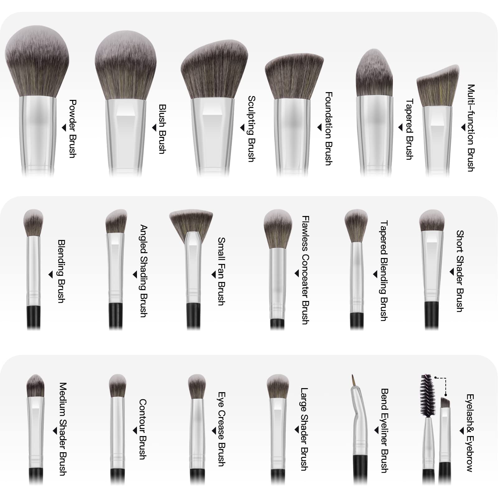 Brochas de Maquillaje con Estuche 18 Piezas Set de Brochas para Maquillaje Profesional Juego de Brochas Kabuki Sintético Premium Sombra de Ojos en Polvo para Base de Maquillaje (Plata negro)
