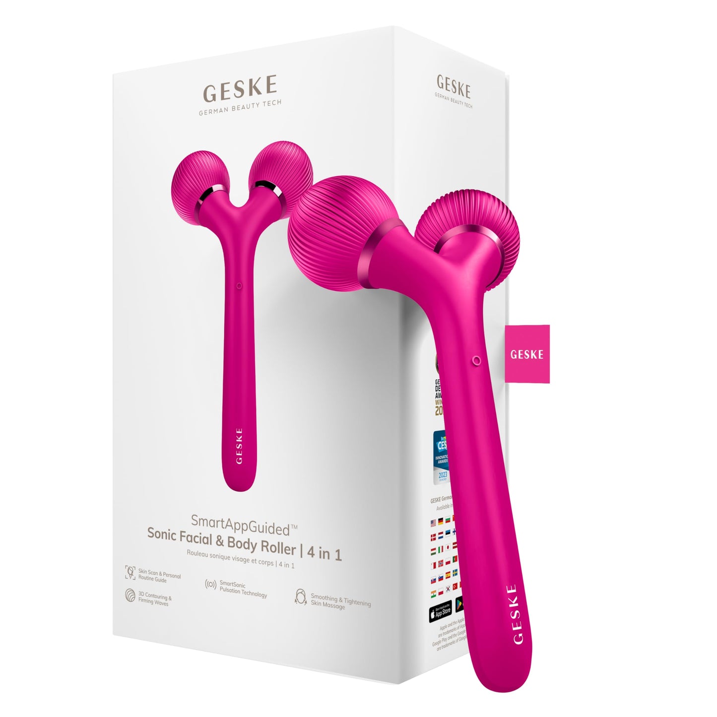 GESKE | Rodillo facial y corporal sónico SmartAppGuided™ | 4 en 1 | rodillo derma | Dispositivo para rostro y cuerpo | rodillo derma | Rodillo facial profesional | Reafirma y define cuerpo y rostro