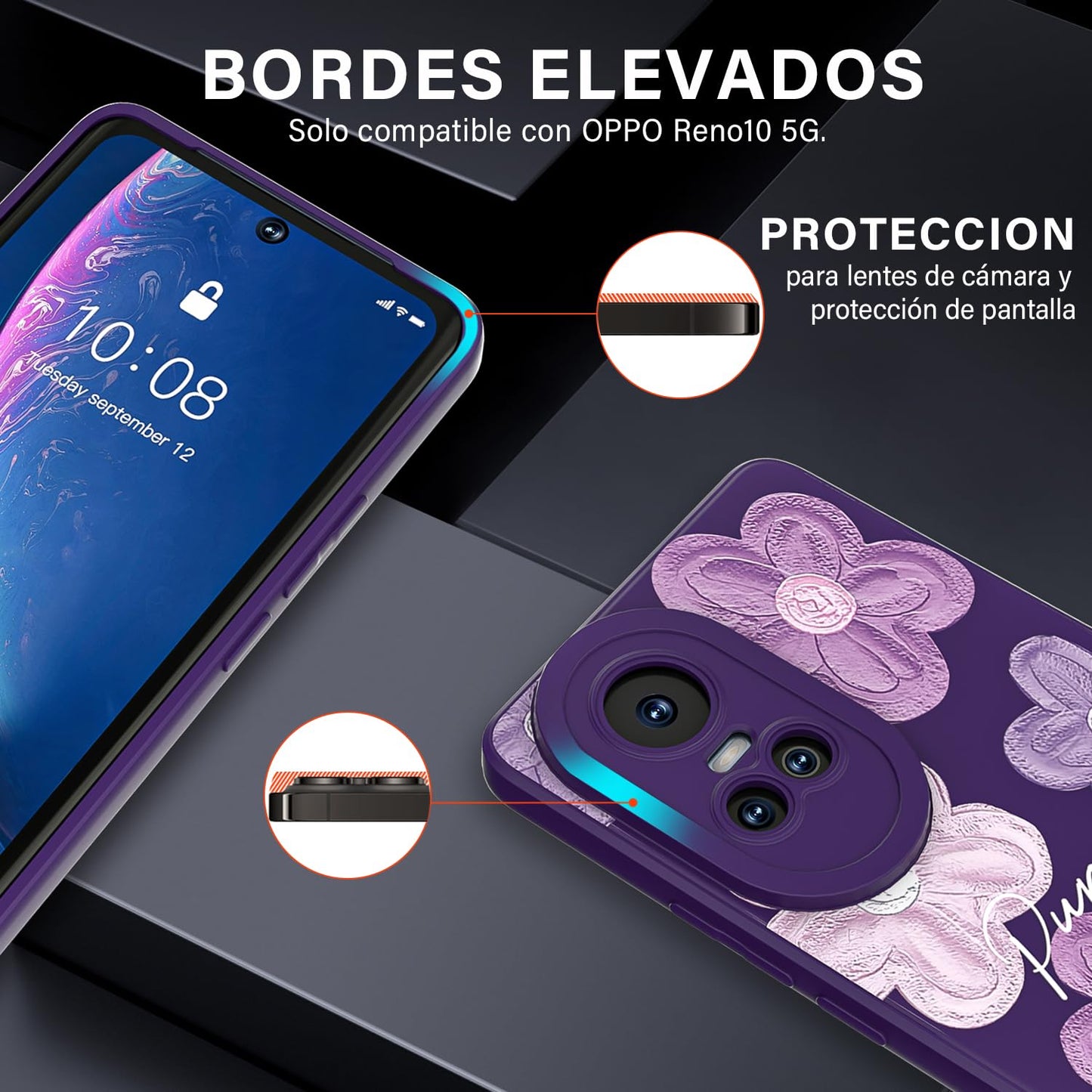 Threehao Funda para OPPO Reno 10 Case Uso Rudo, Ultra Delgado Flexible Púrpura Suave TPU Silicona Carcasa con Moda Aesthetic Dibujos Flores, Antigolpes Anti-arañazos Protectora