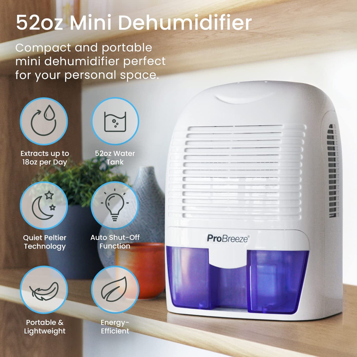Pro Breeze Deshumidificador 1500 ML, Compacto y Portátil con Auto Apagado. Elimina la Humedad, el Polvo y el Moho en el Hogar. Ideal para Habitaciones, Closet, Cocina, Baño, Oficina, Garaje