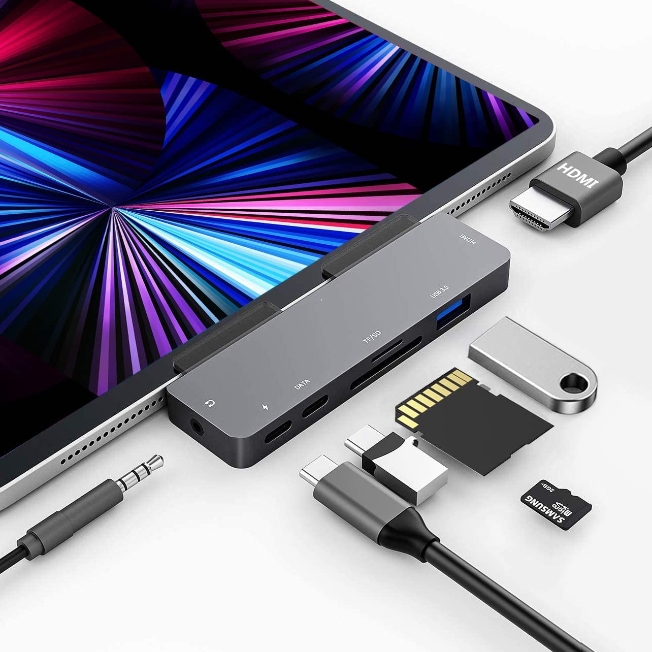 USB C Hub para iPad Pro M2 M1 11/12.9 2022-2018,7-en-1 Hub con 4K@60Hz,USB 3.0,3.5mm Jack,USB Tipo C PD Carga y Transferencia de Datos,Lector Tarjetas SD/TF,Adaptador para iPad Air 4/5,iPad Mini 6