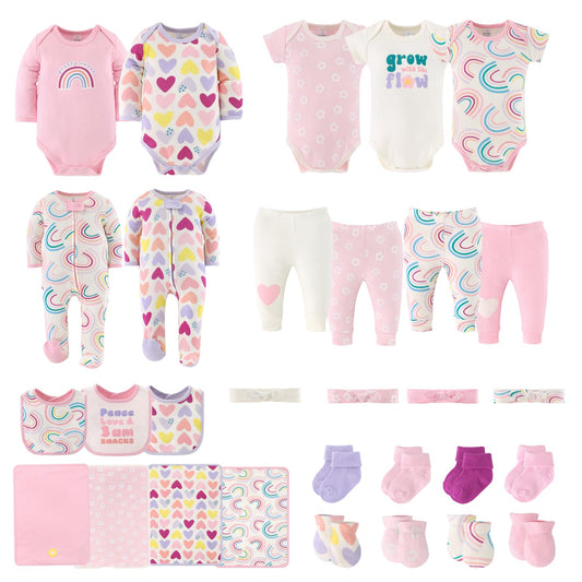 The Peanutshell - Juego de regalo de canastas para bebés y niñas, 30 piezas, ropa de bebé y artículos esenciales para recién nacidos, ropa de bebé recién nacido de 0 a 3 meses, bonito dulce, Rosado,