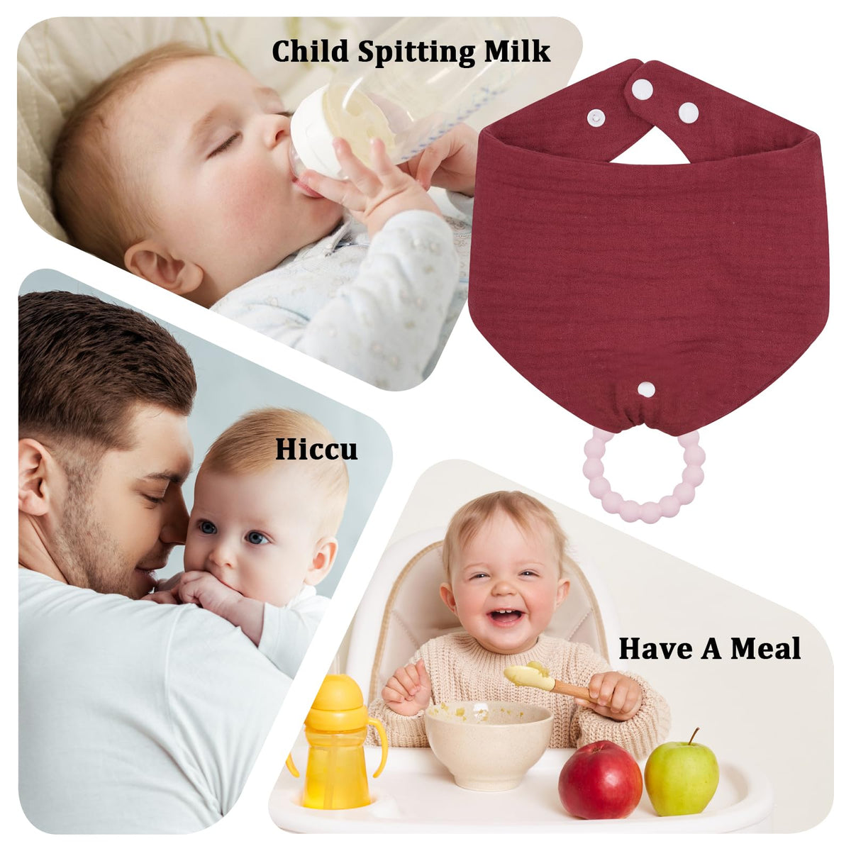 CUXFLS - Paquete de 6 baberos y juguetes de dentición, 100% algodón orgánico, absorbente, suave, unisex para 0 a 24 meses, material de seguridad de silicona para recién nacidos y niños pequeños