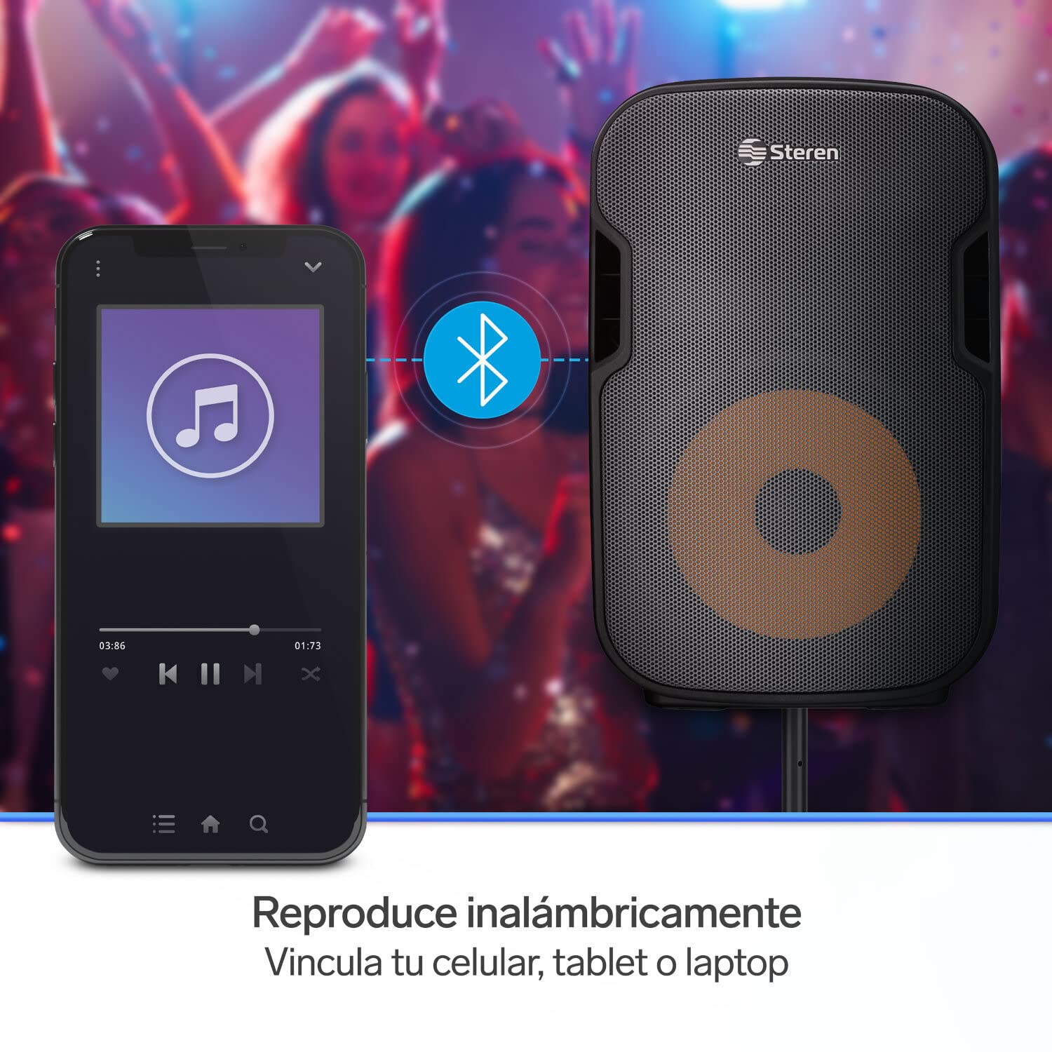 STEREN BAF-1555BT Bafle 15" 3000 W PMPO Bluetooth woofer y Tweeter, MP3 por microSD o USB, Entrada AUX RCA, 6,3 mm para Mic, Crossover, Salida Speakon, Ruedas y agarraderas, Orificio para Pedestal