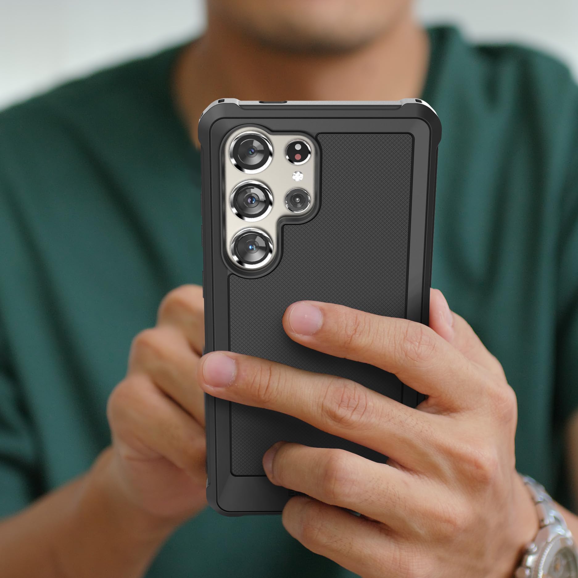 Funda con cinturón Falcon Encased diseñada para Samsung Galaxy S24 Ultra - Funda protectora con protector de visualización de vidrio templado (negro)