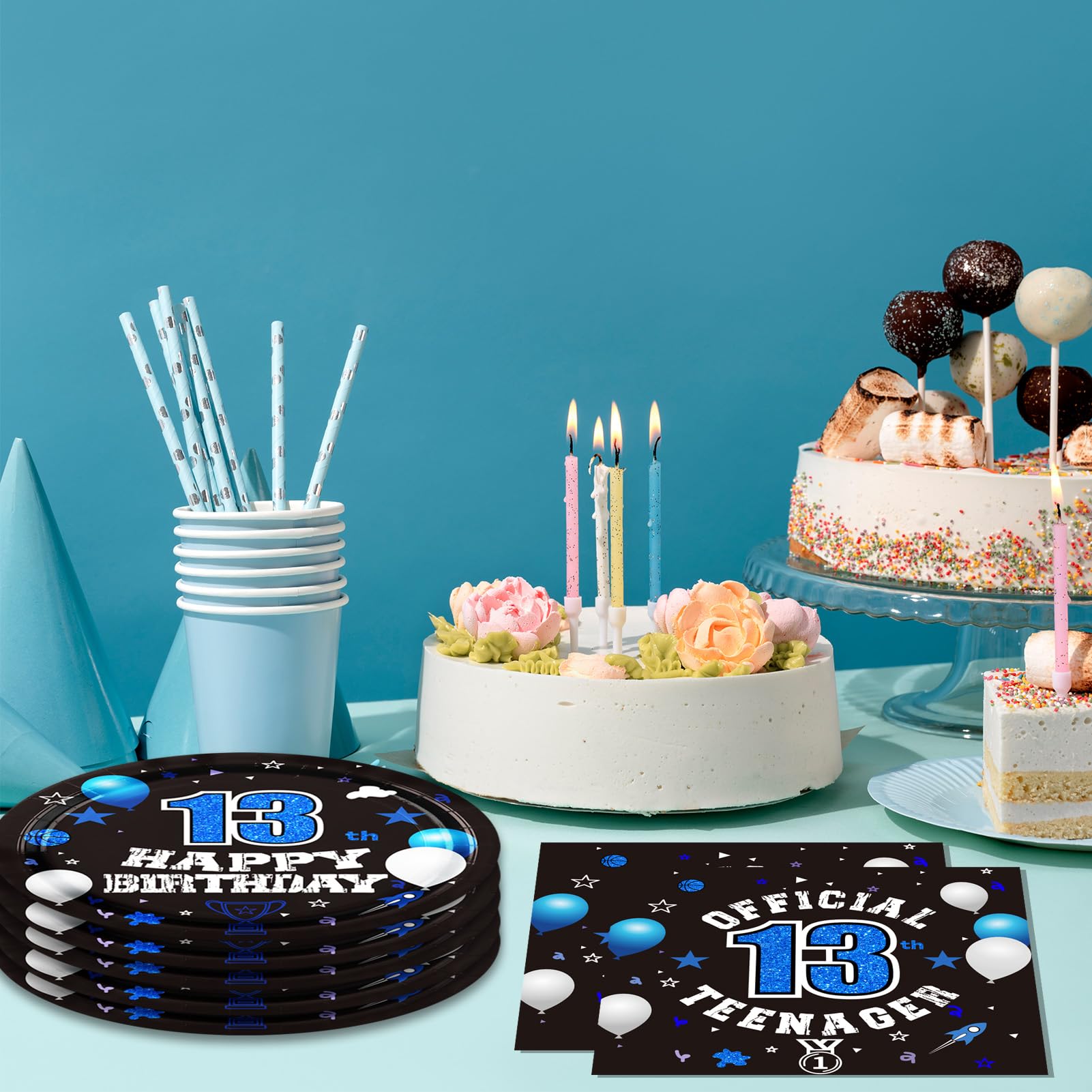 DURYGEN - Juego de 40 piezas de decoraciones de 13 cumpleaños para niños, platos y servilletas desechables de 13 cumpleaños, color azul, suministros de fiesta de 13 cumpleaños para niños y