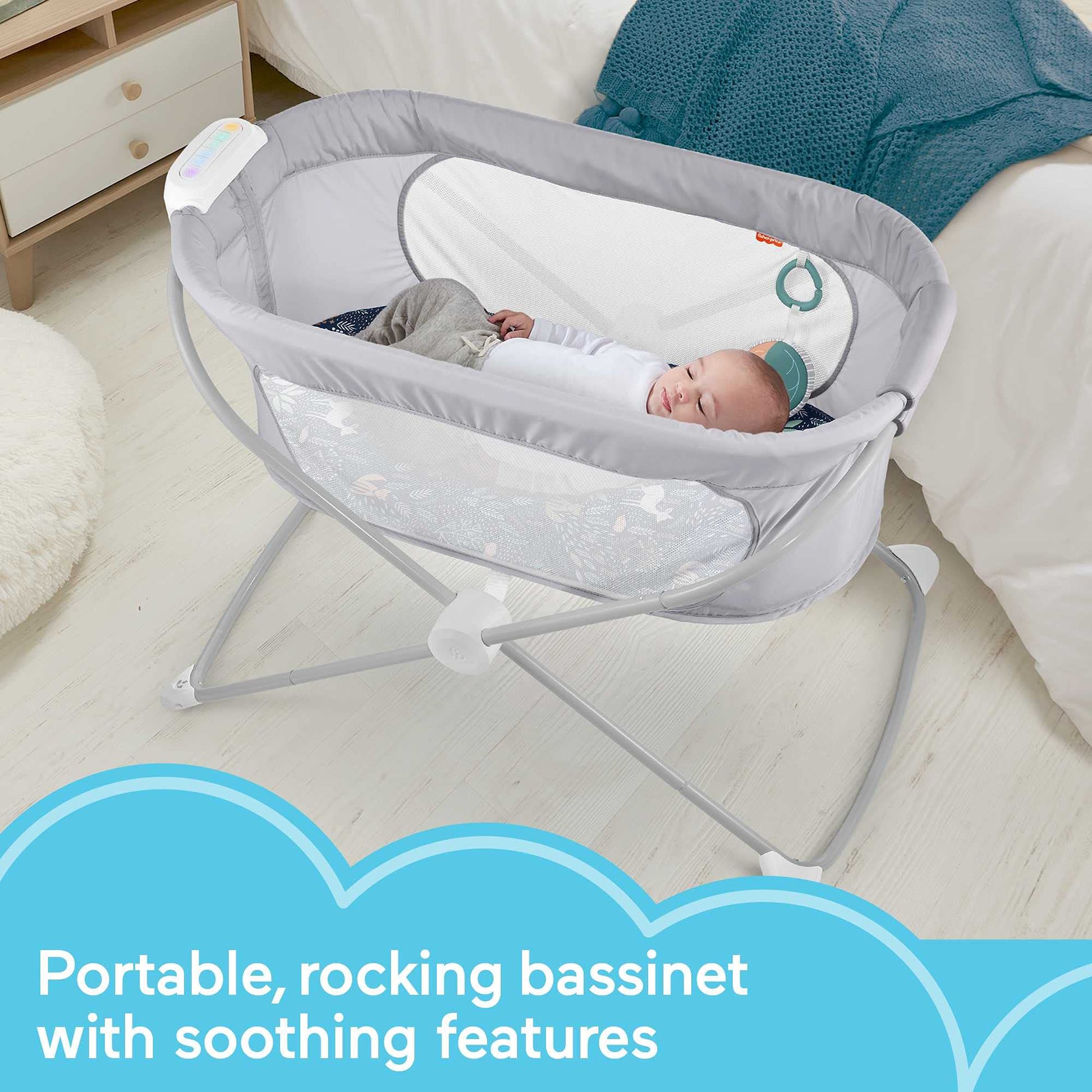 Fisher-Price - Cuna de bebé portátil con vibración musical y pliegue delgado para viajes, recién nacidos de más de 0 meses, bosque de luz de luna