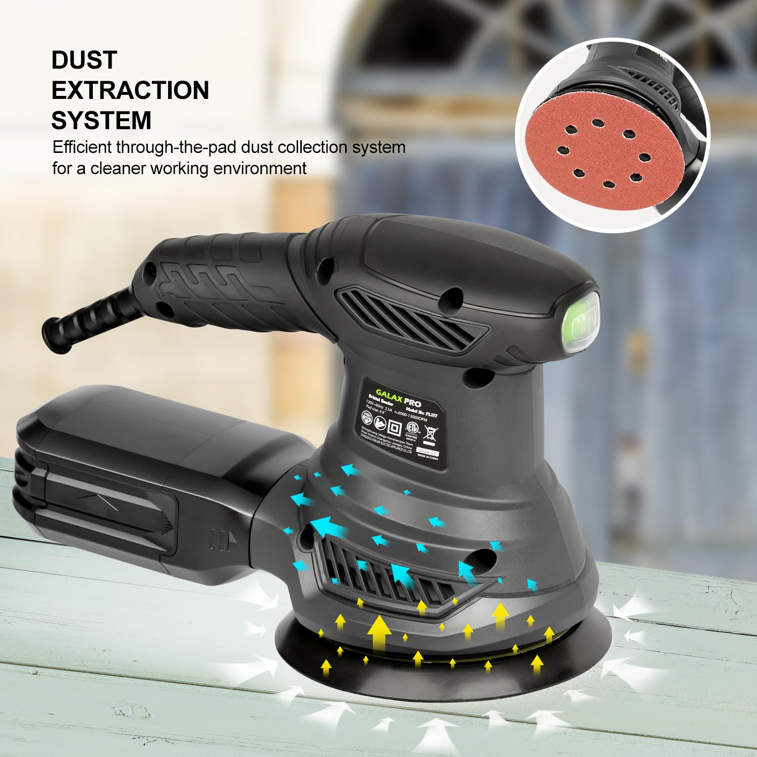 GALAX PRO - Lijadora orbital rotativa de 2.5 A, lijadora orbital eléctrica de 300 W con 6 velocidades diferentes de 6000 a 13000 RPM, 4.9 pulgadas con 20 papeles de lija, 1 bote de polvo, apto para