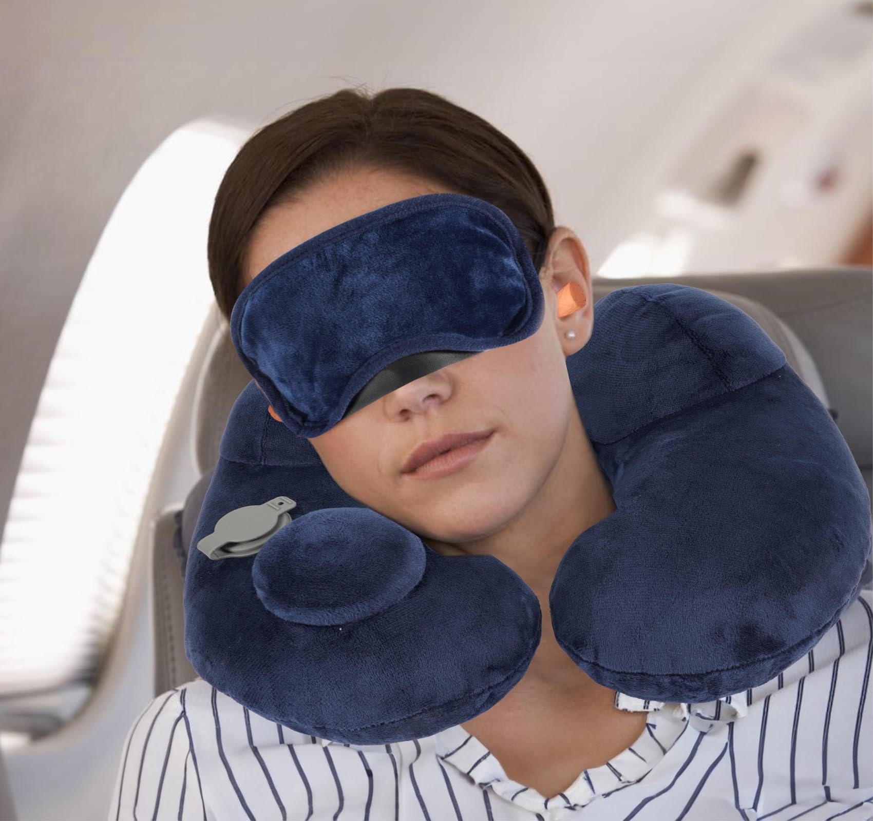 Almohada de Viaje 4 en 1, Almohada de Cuello,Almohada Avion Viaje Inflable con Máscara de Ojos,Tapones para Los Oídos Ruidosos,Bolsa con Cordón, Soporte de Cuello,para Avión,Oficina, Automóviles,Hogar